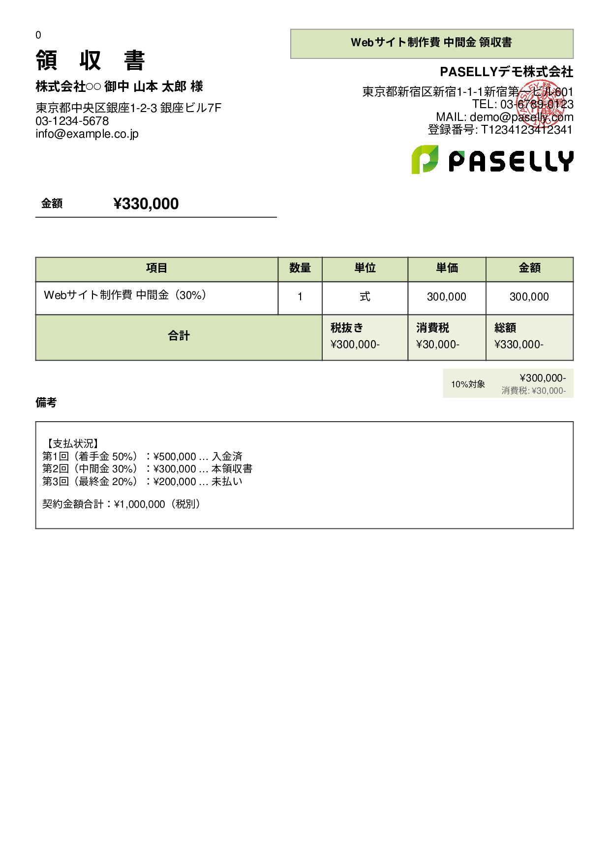 分割払い（2回目）の領収書 - パネル