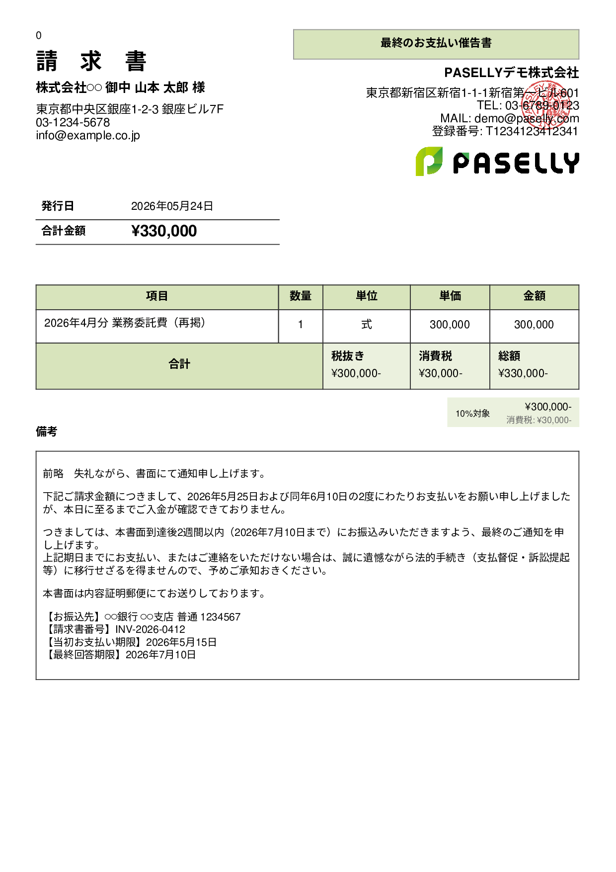 最終督促状（法的措置示唆） - パネル