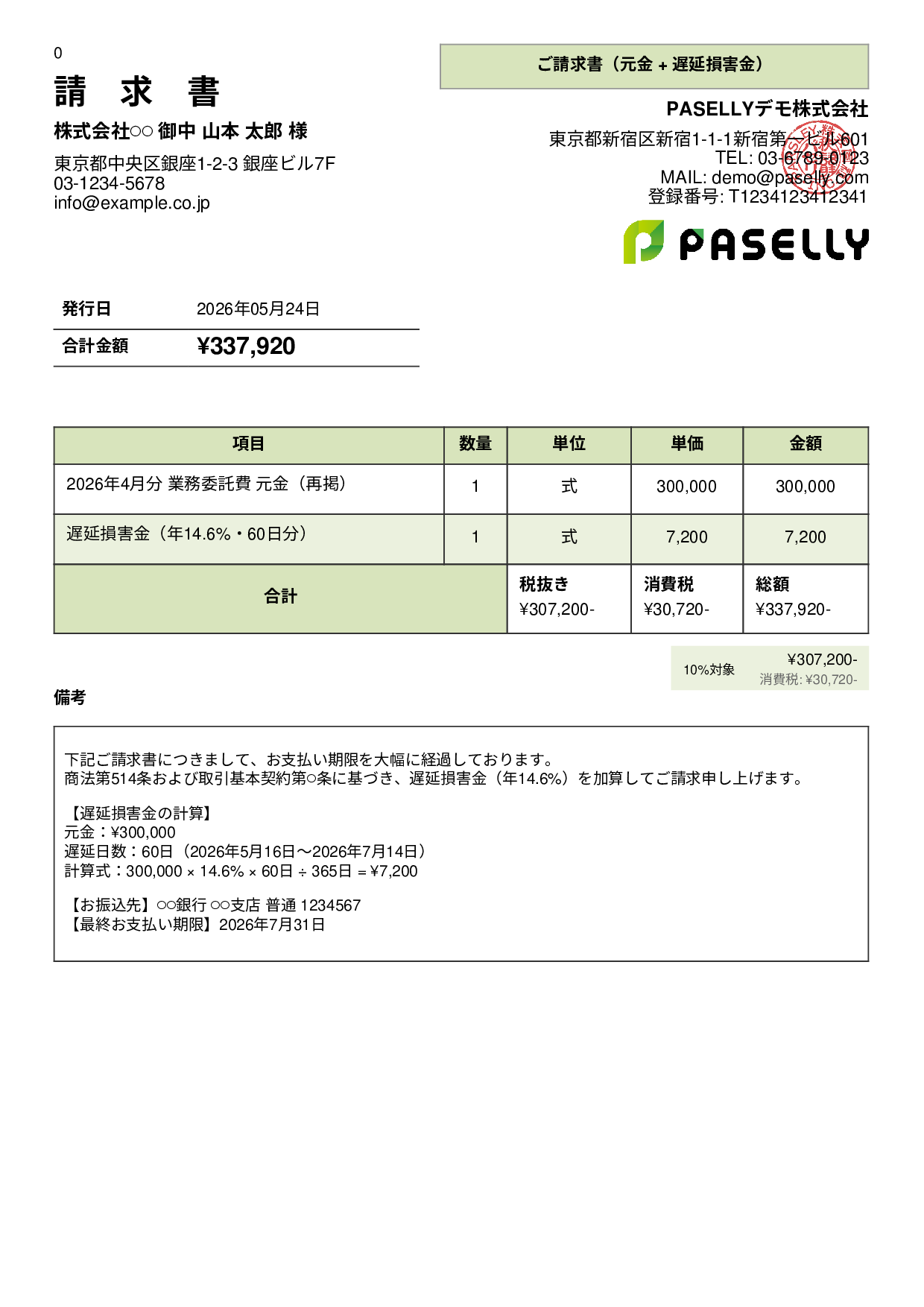 遅延損害金込みの督促請求書 - パネル