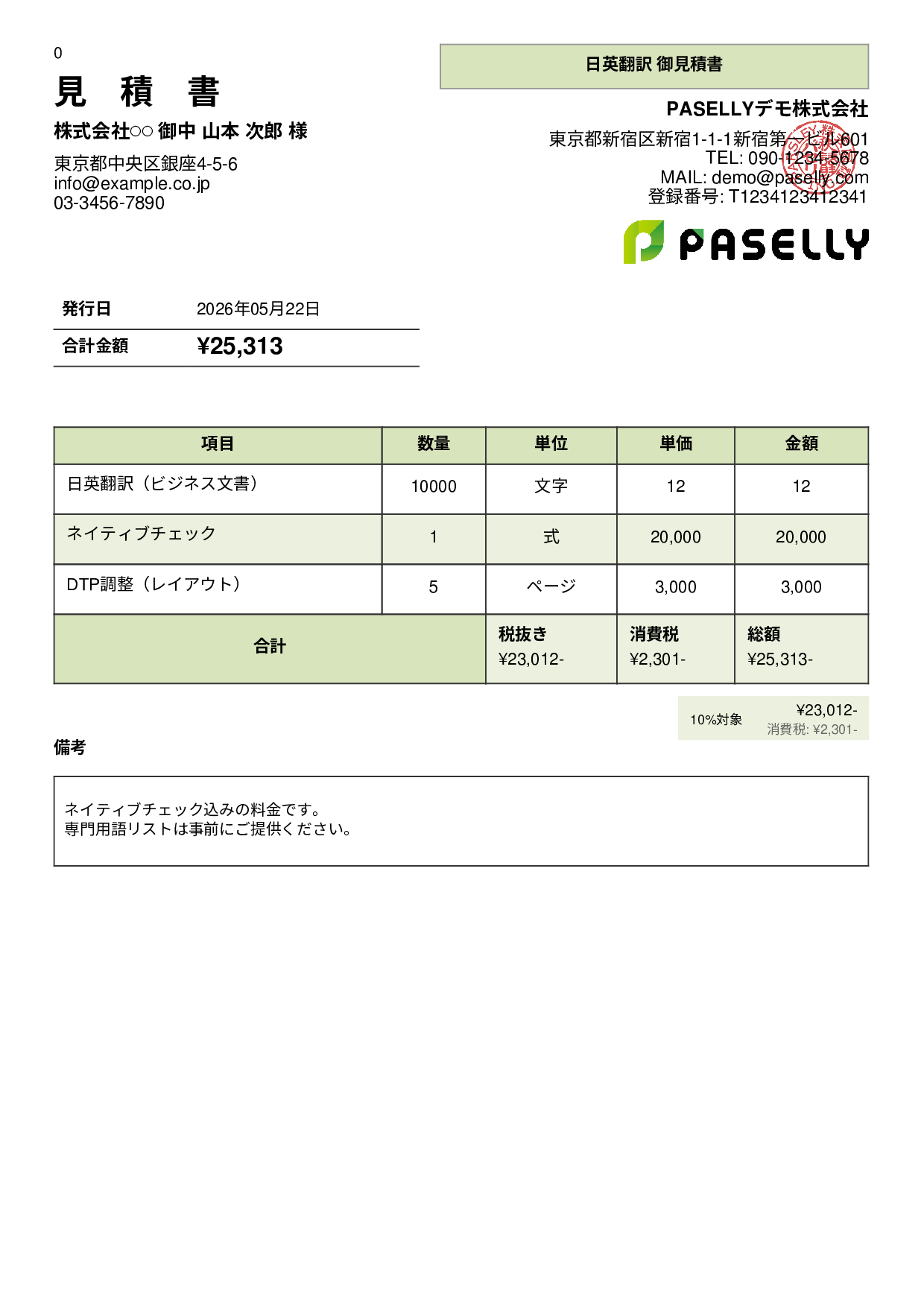 フリーランス 翻訳見積書 - パネル