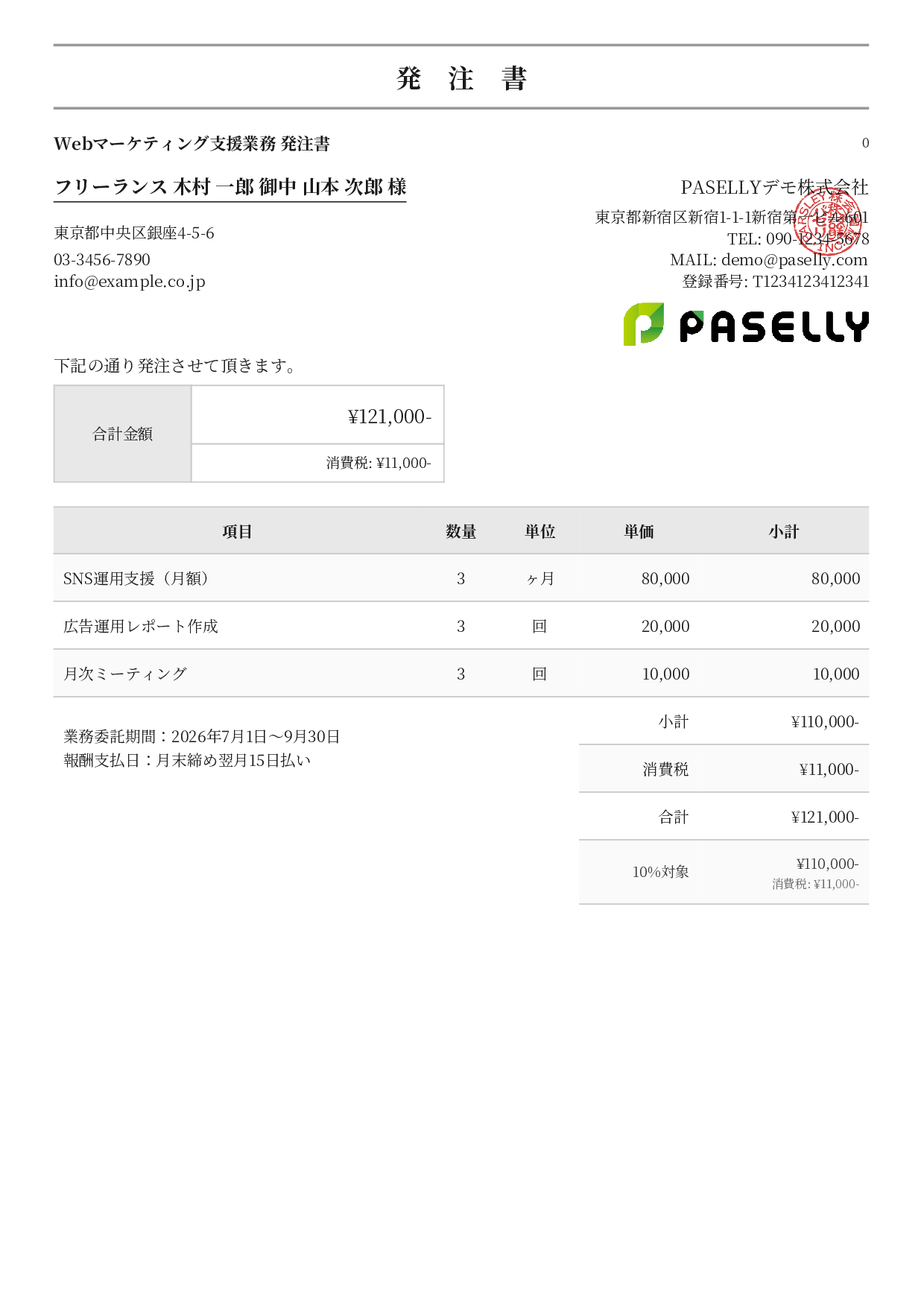 フリーランス 業務委託発注書 - フォーマル