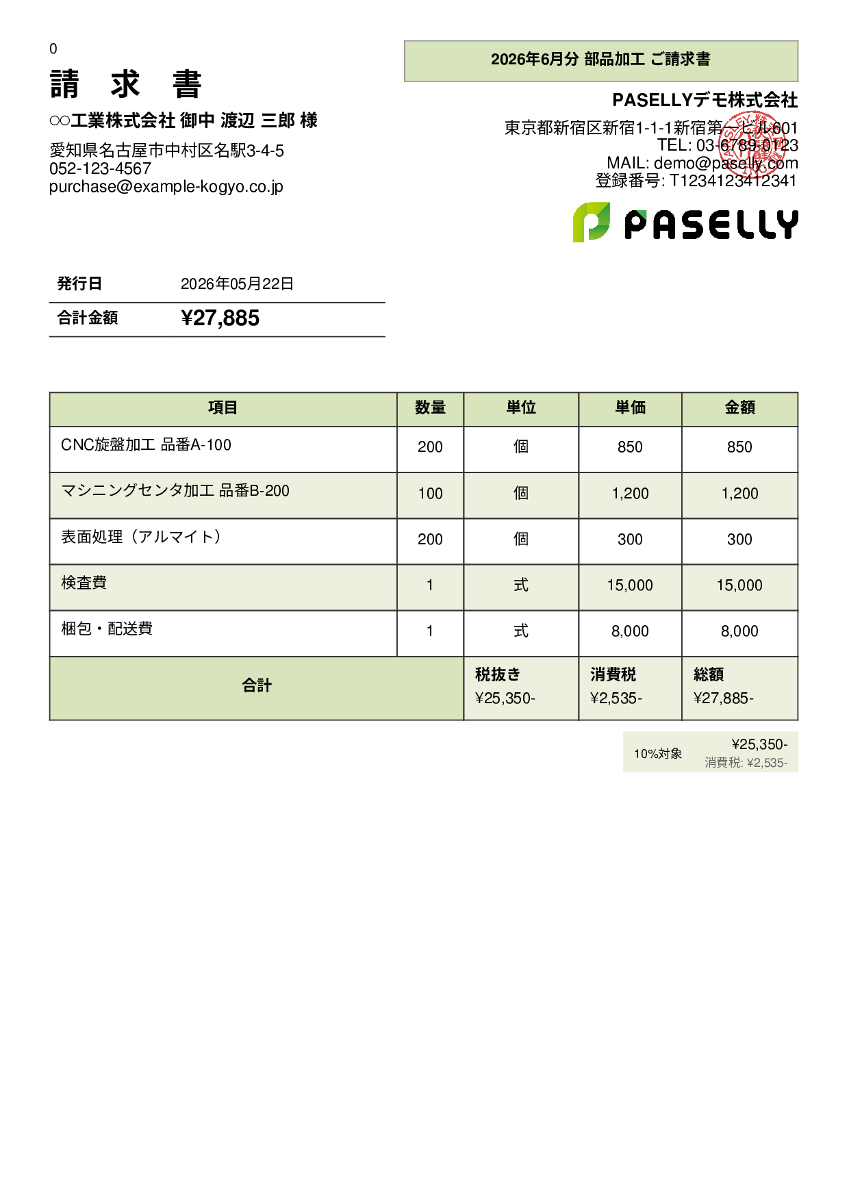 製造業 部品加工請求書 - パネル