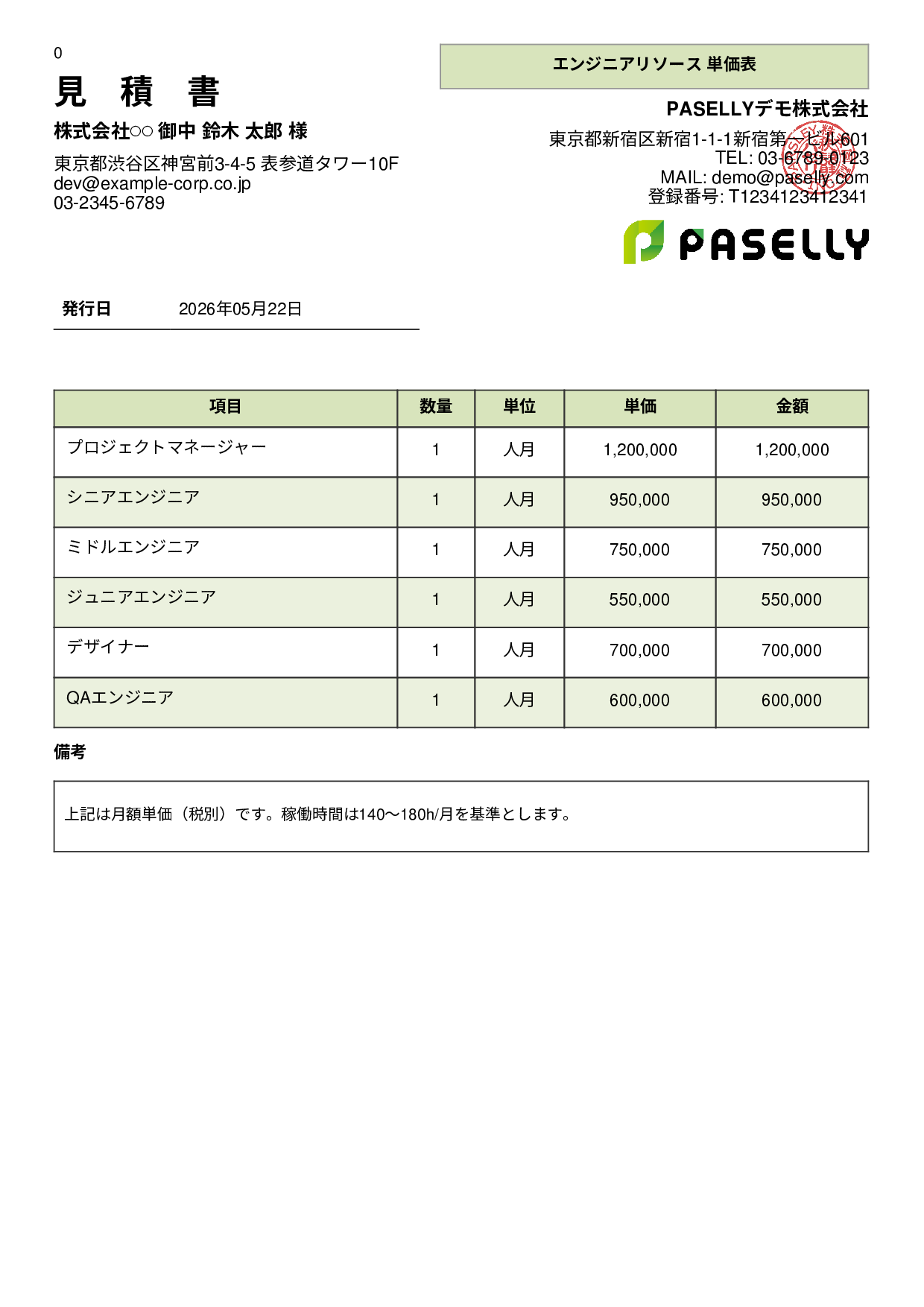 IT 人月単価見積書（合計非表示） - パネル