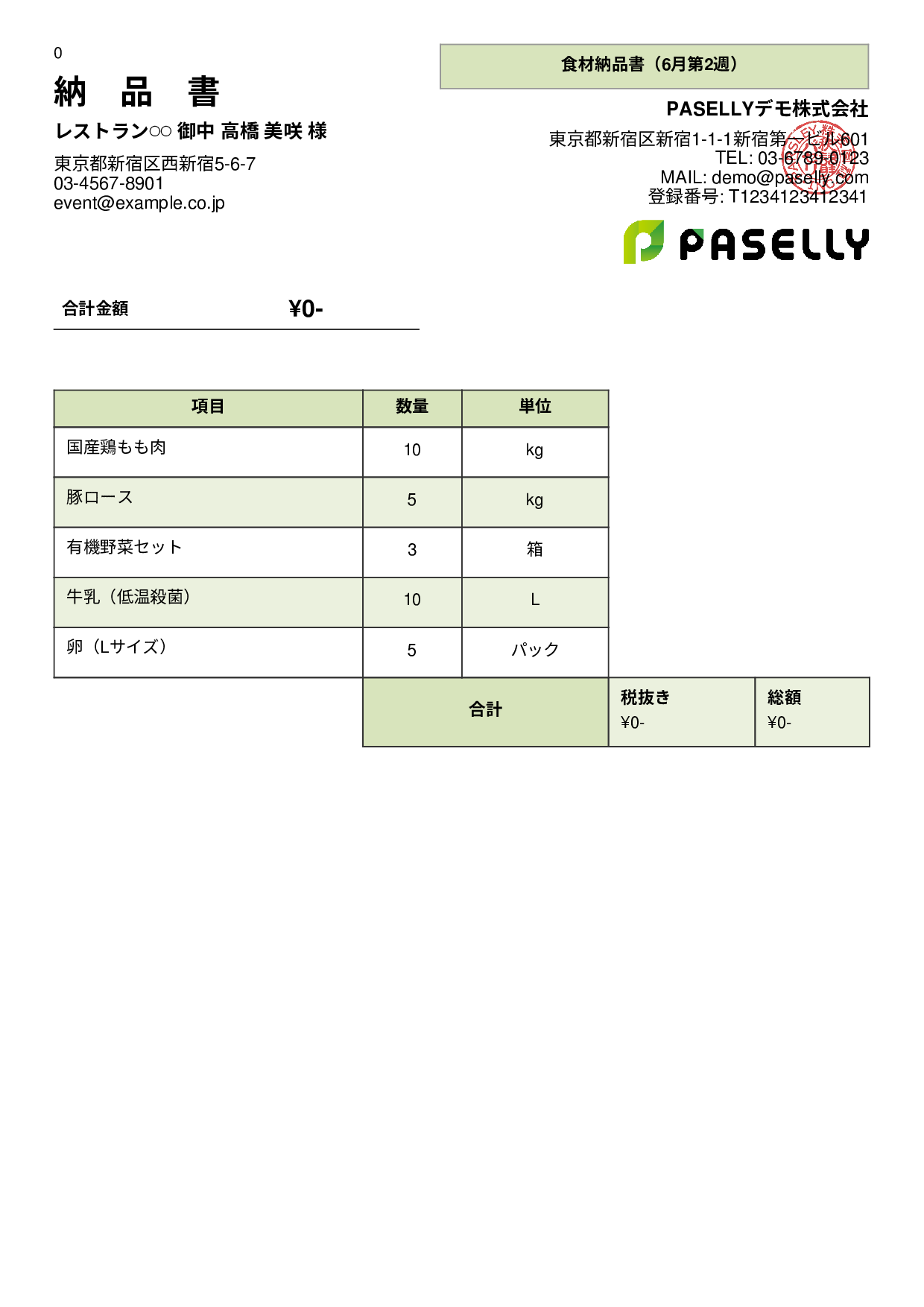 飲食業 食材納品書（金額非表示） - パネル