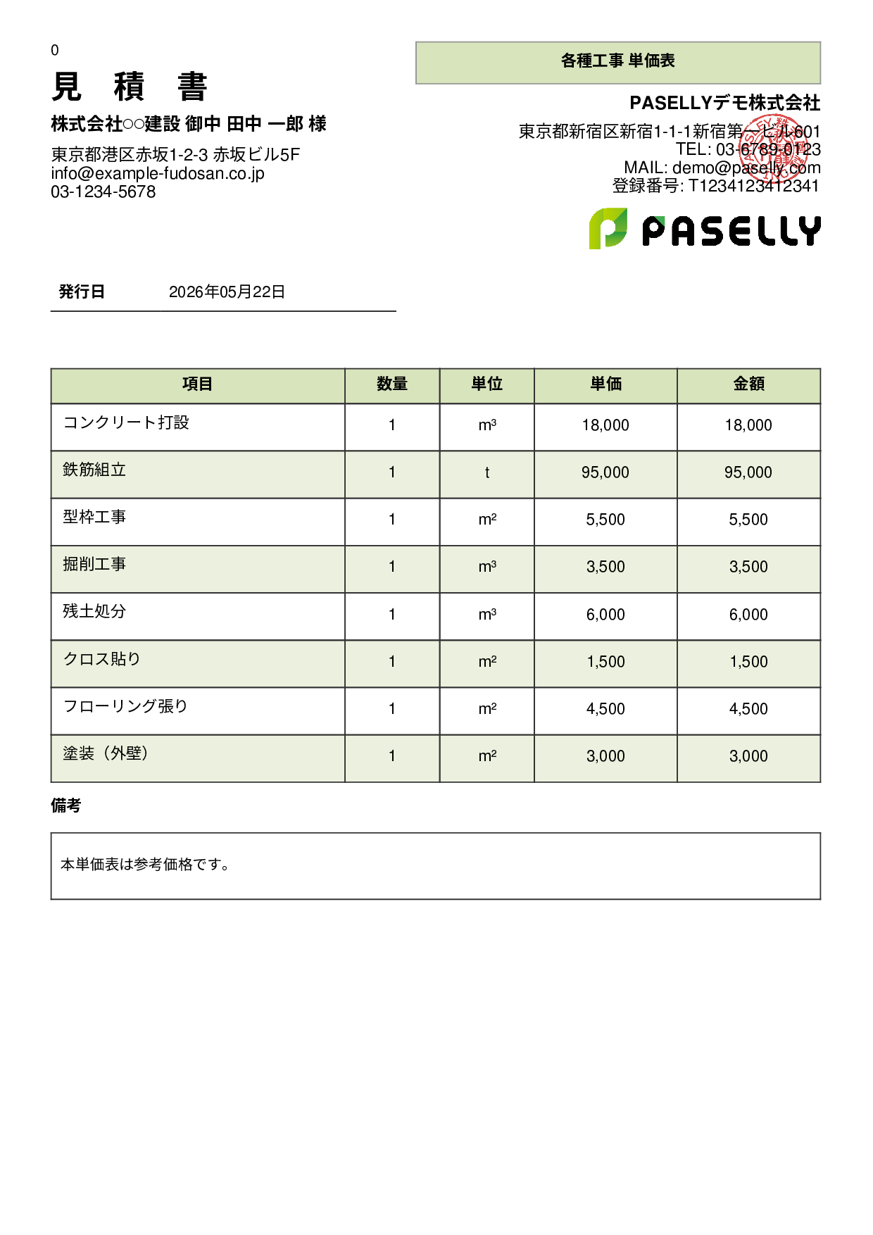 建設業 単価表（合計非表示） - パネル