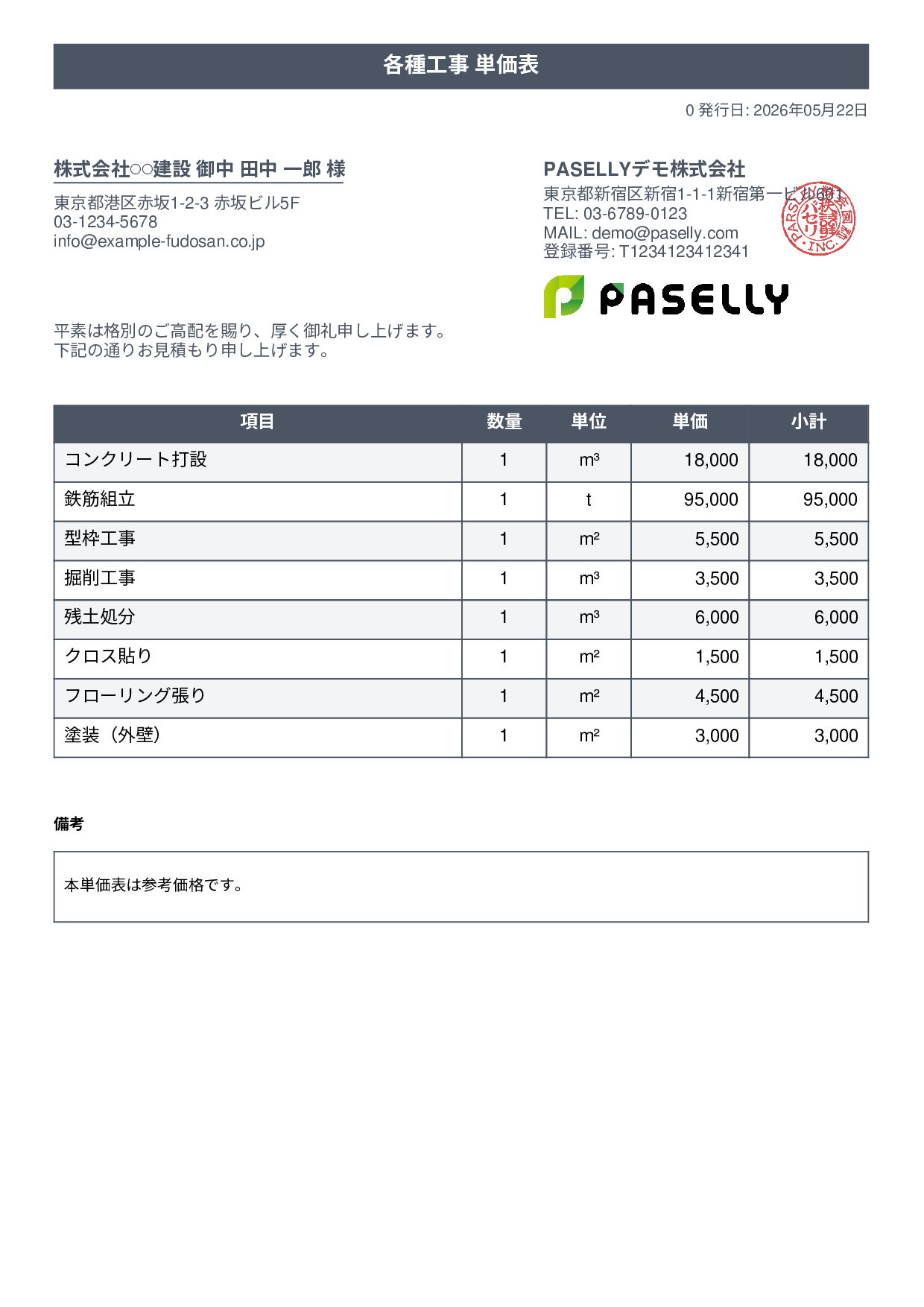 建設業 単価表（合計非表示） - タイトルバナー
