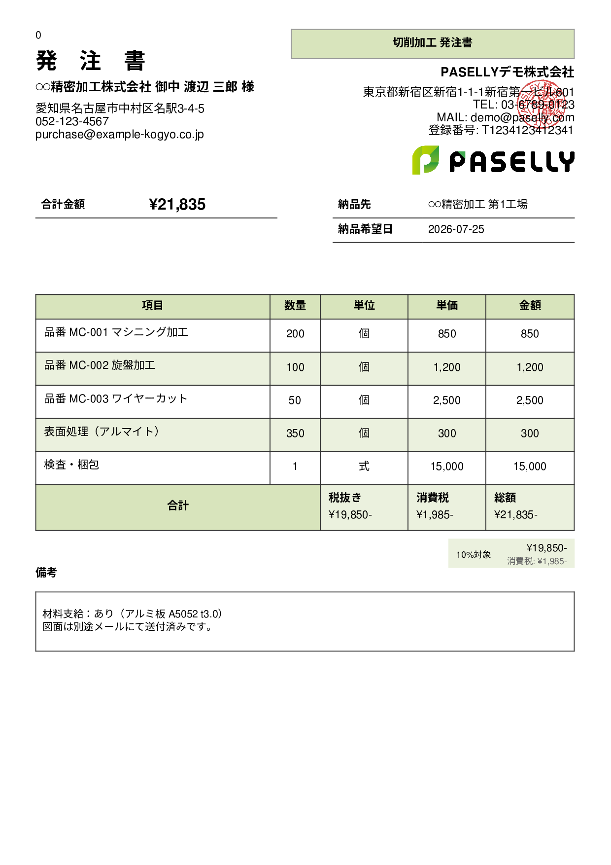 製造業 外注加工発注書 - パネル
