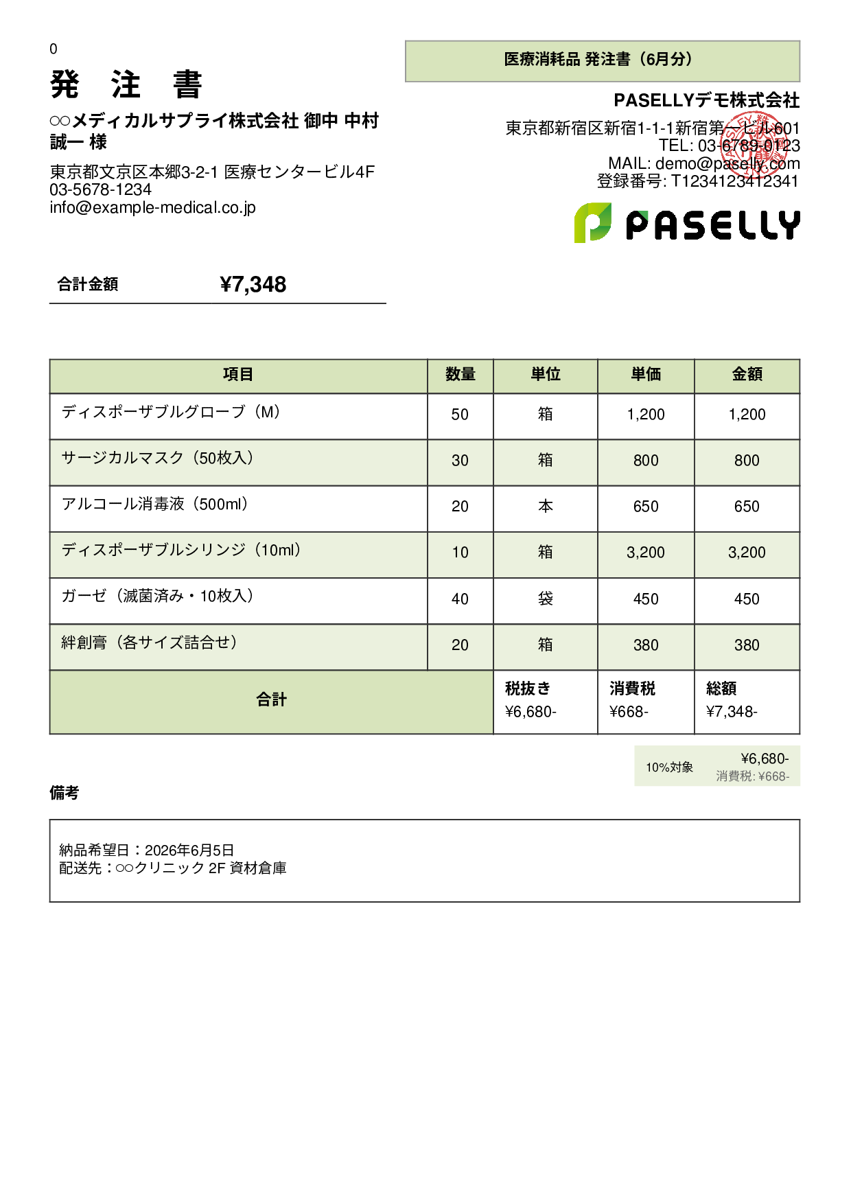 医療消耗品 発注書 - パネル