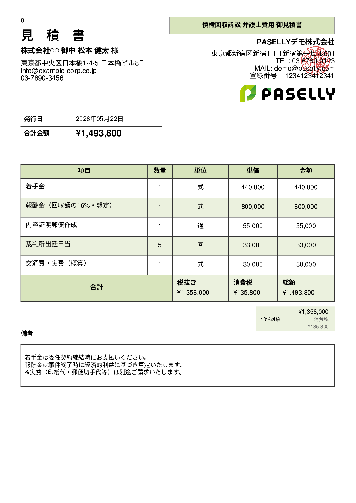 弁護士 着手金・報酬金見積書 - パネル