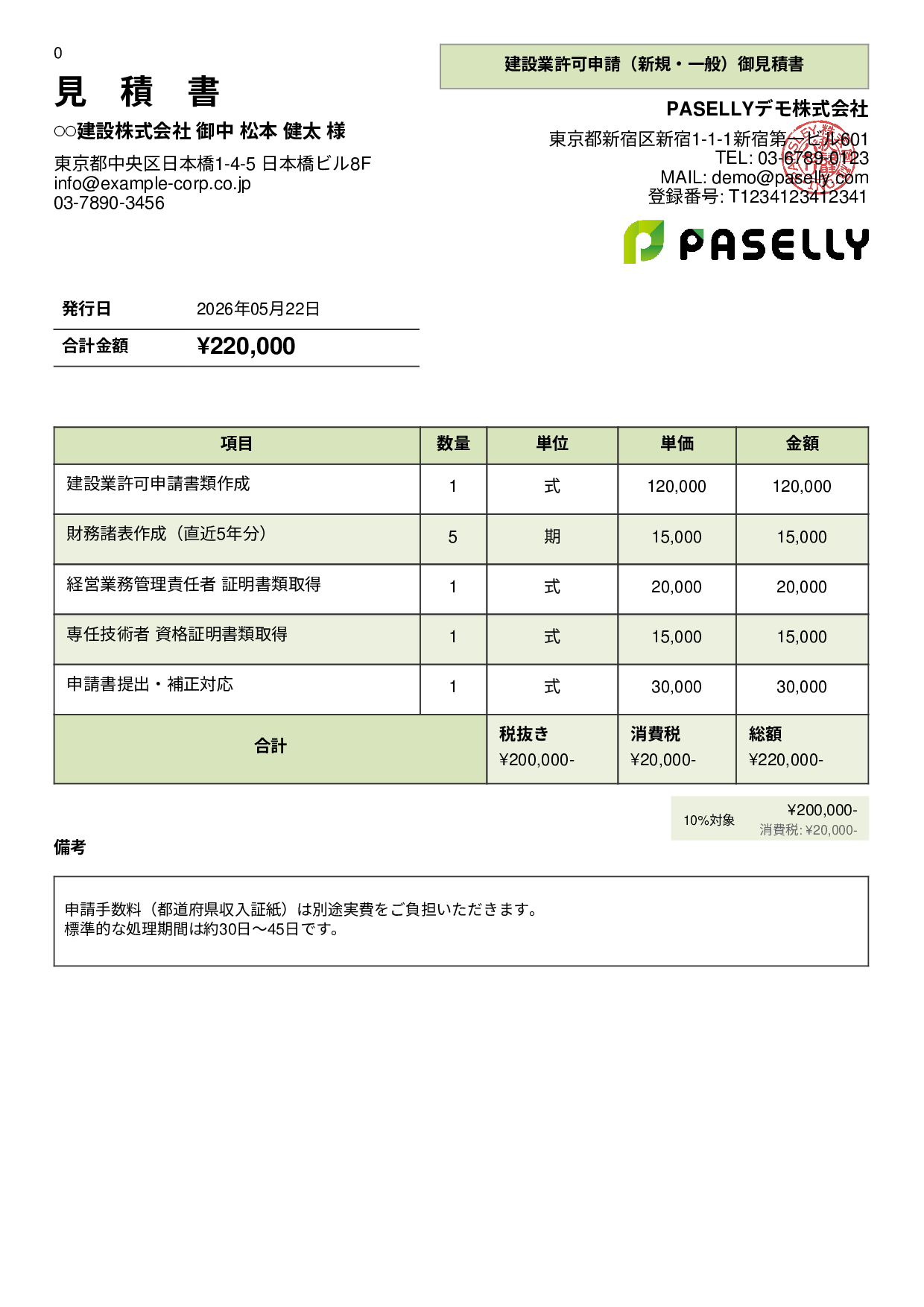 行政書士 許認可申請見積書 - パネル