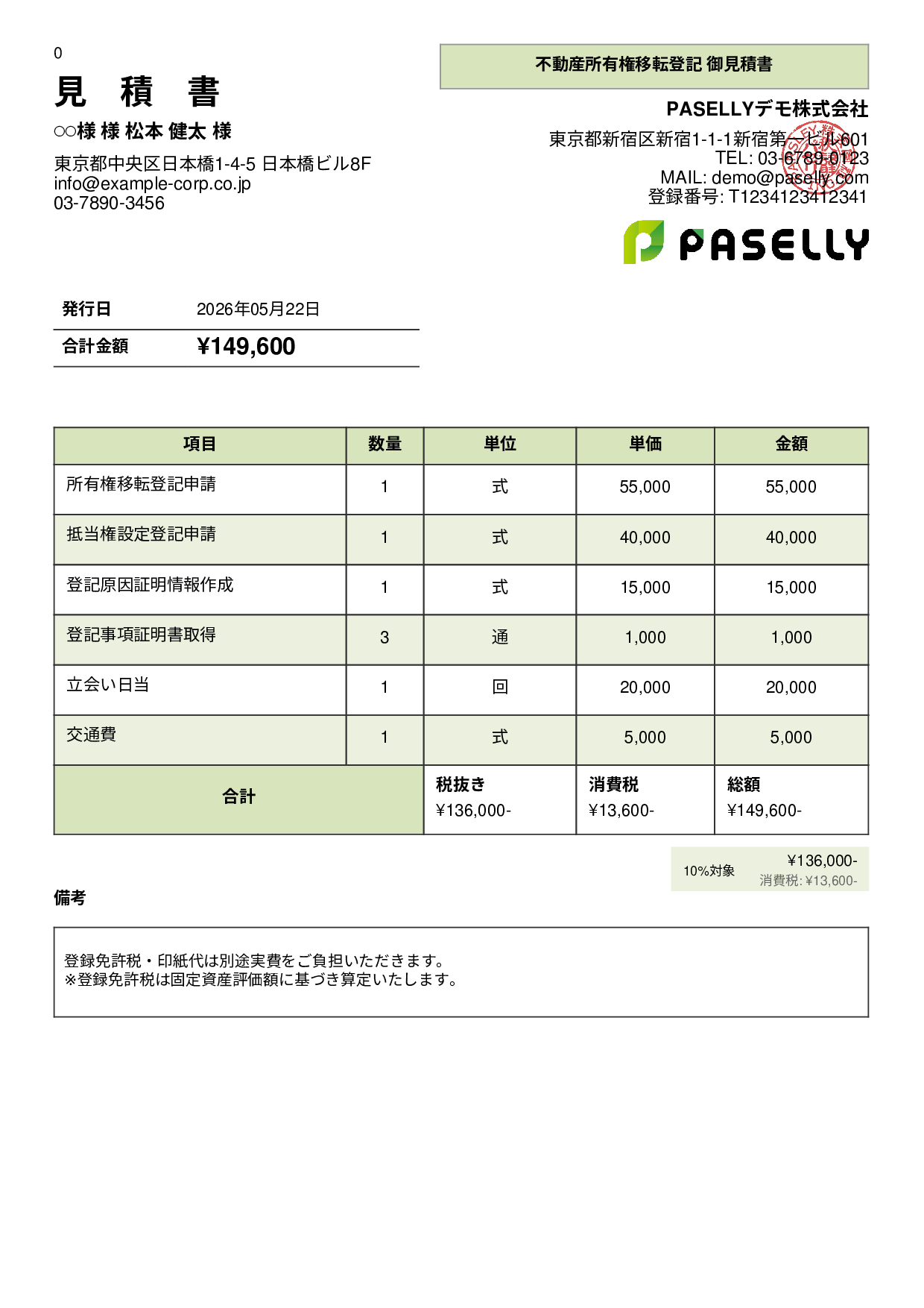 司法書士 登記手続き見積書 - パネル