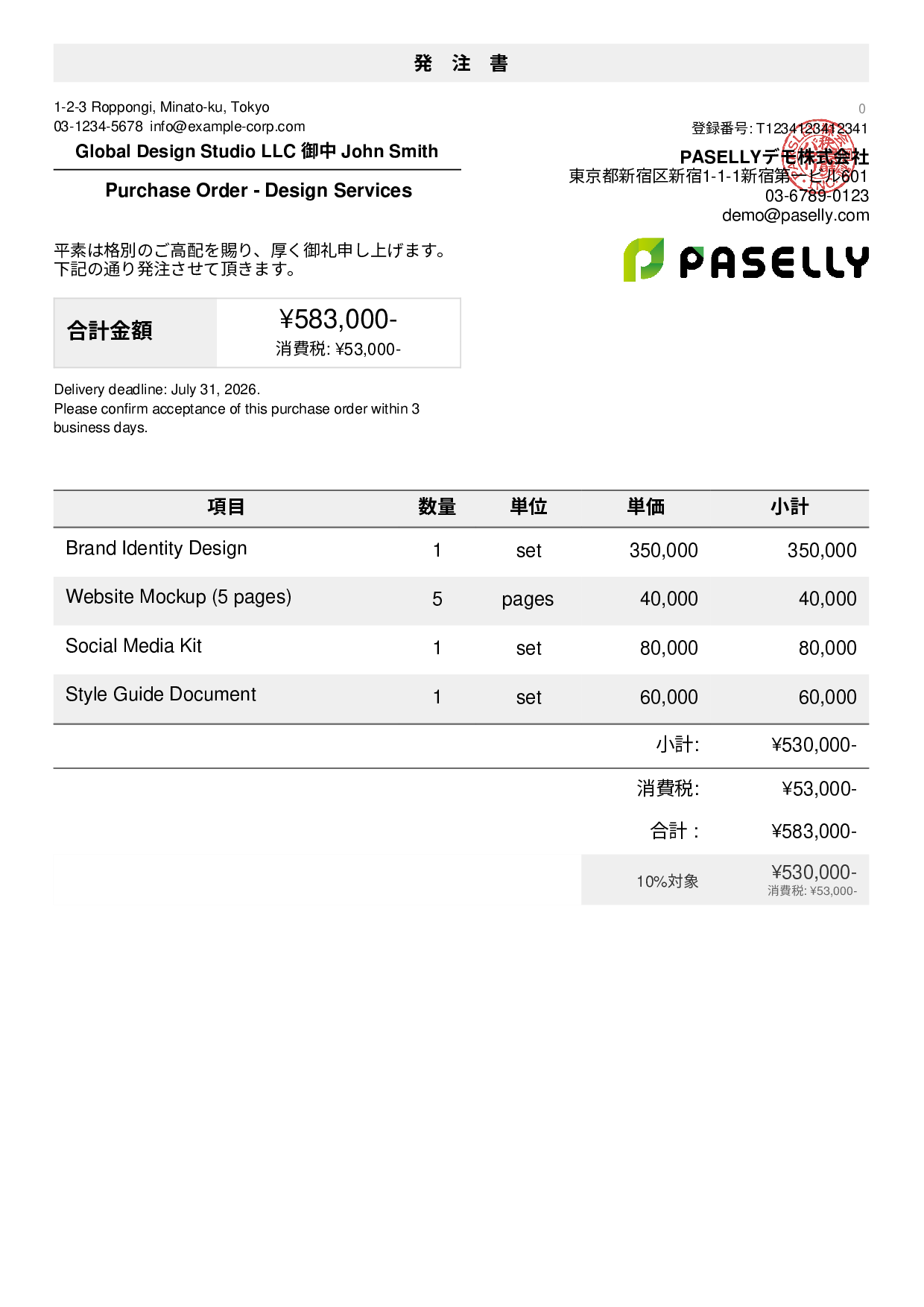 英語 発注書（Purchase Order）
