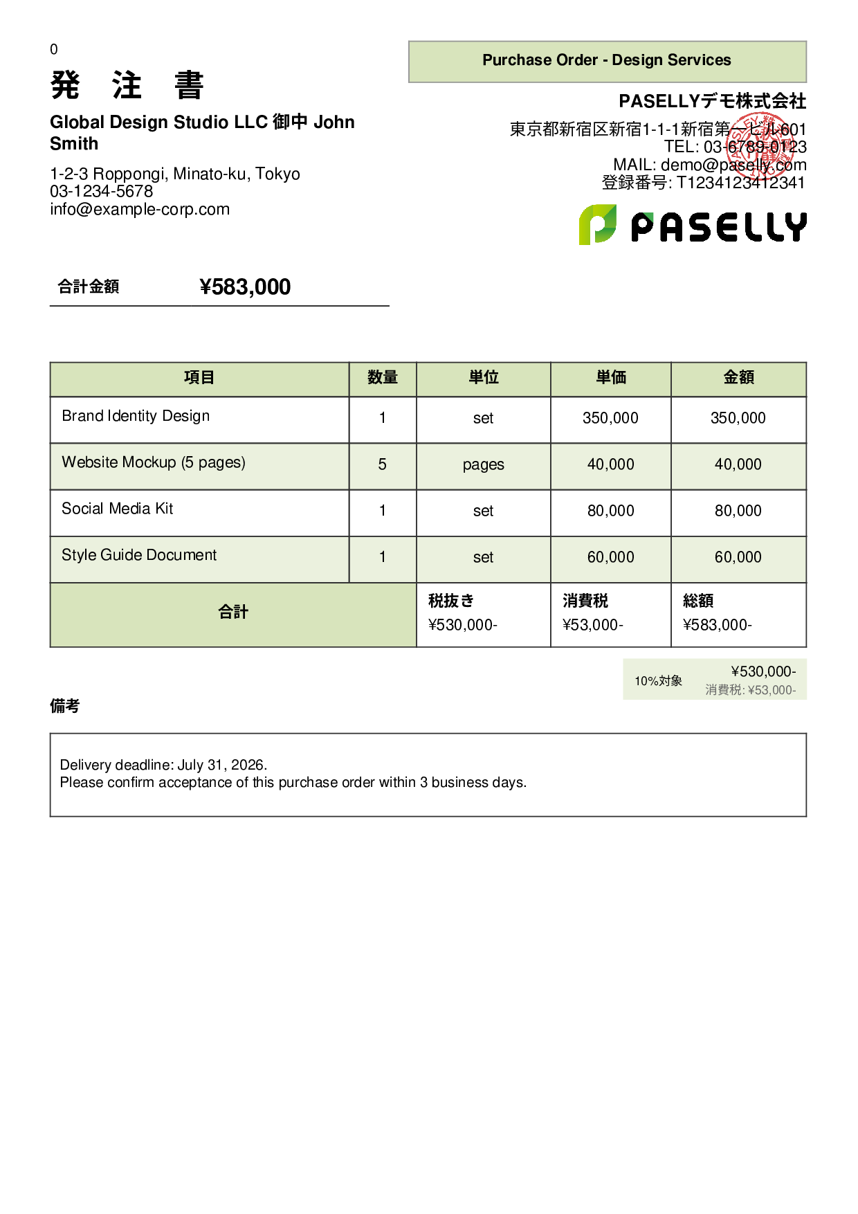 英語 発注書（Purchase Order） - パネル