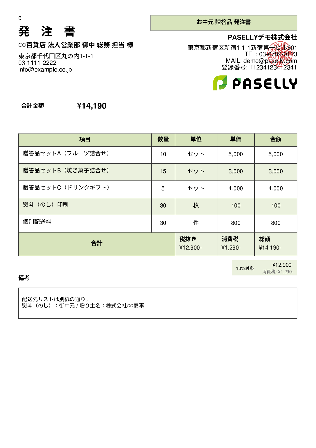 お中元・贈答品 発注書 - パネル