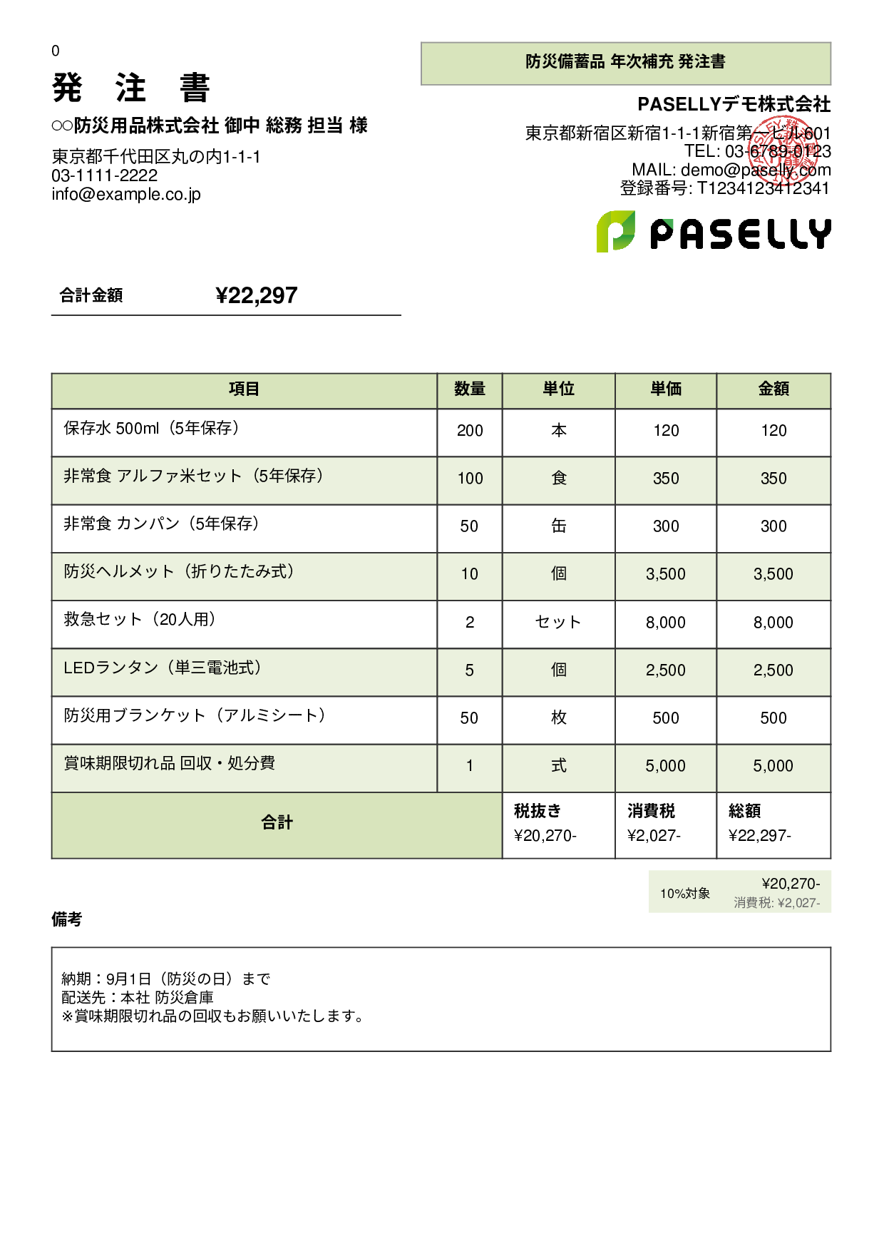 防災用品 備蓄品 発注書 - パネル