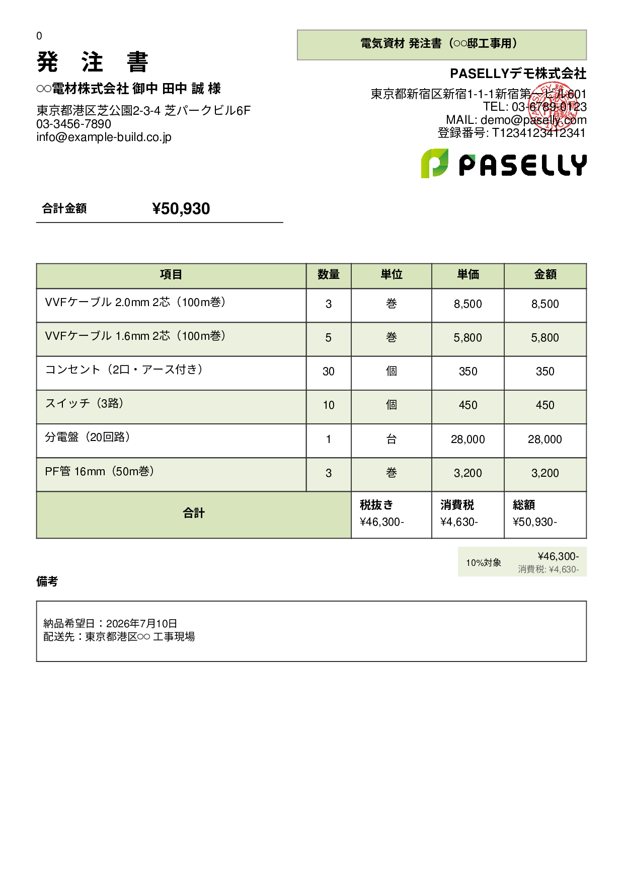 電気工事 電材発注書 - パネル