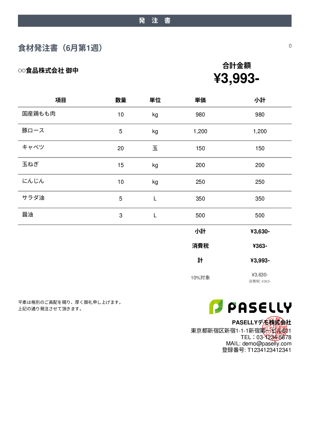 飲食業 食材仕入れ発注書 - カジュアル