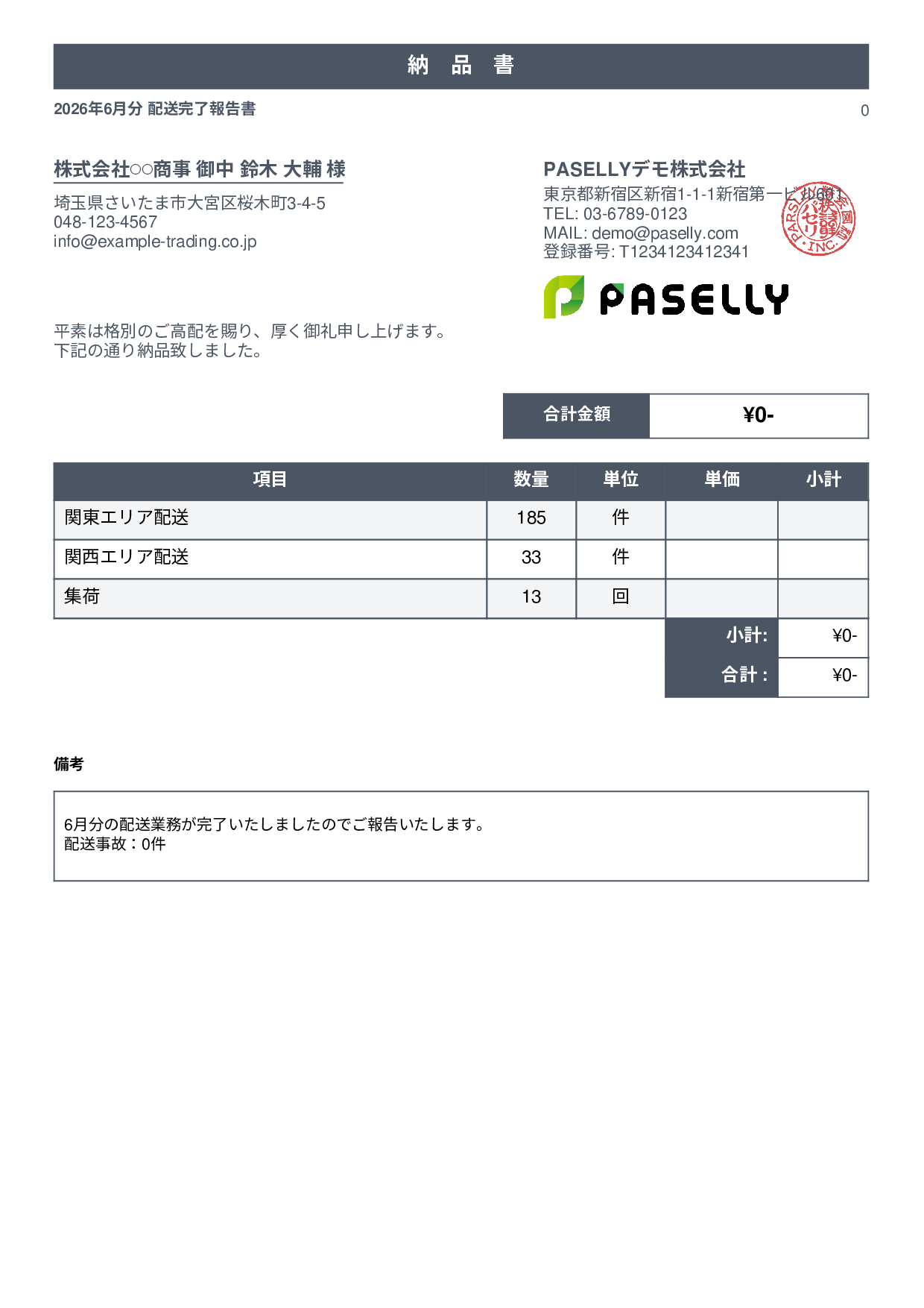 運送業 配送完了報告書（納品書） - スタンダード1