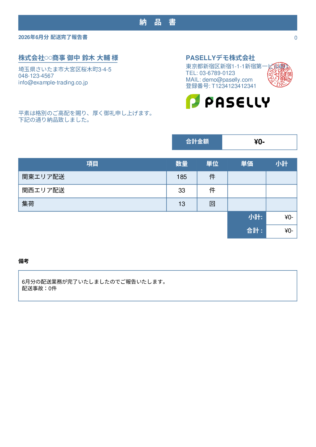 運送業 配送完了報告書（納品書） - スタンダード1