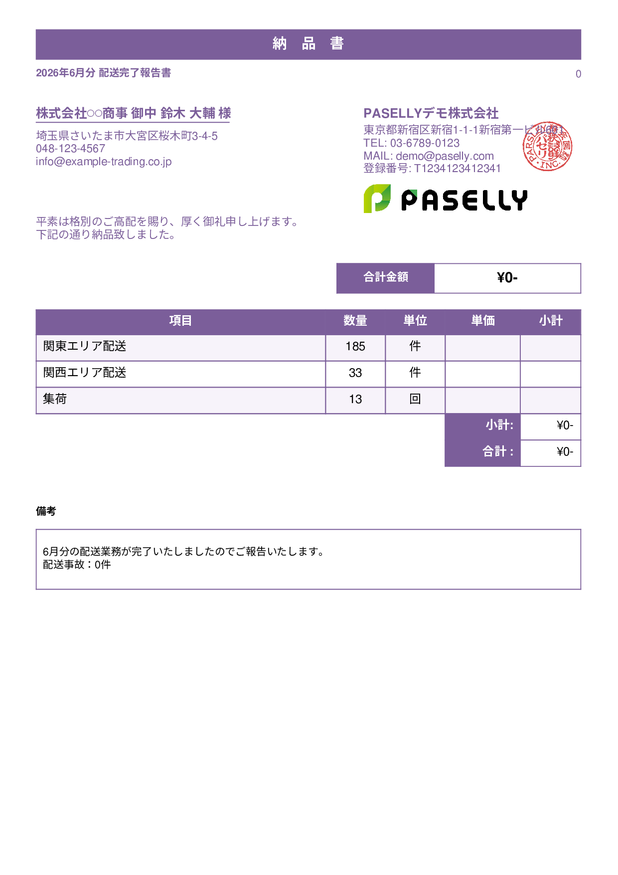 運送業 配送完了報告書（納品書） - スタンダード1