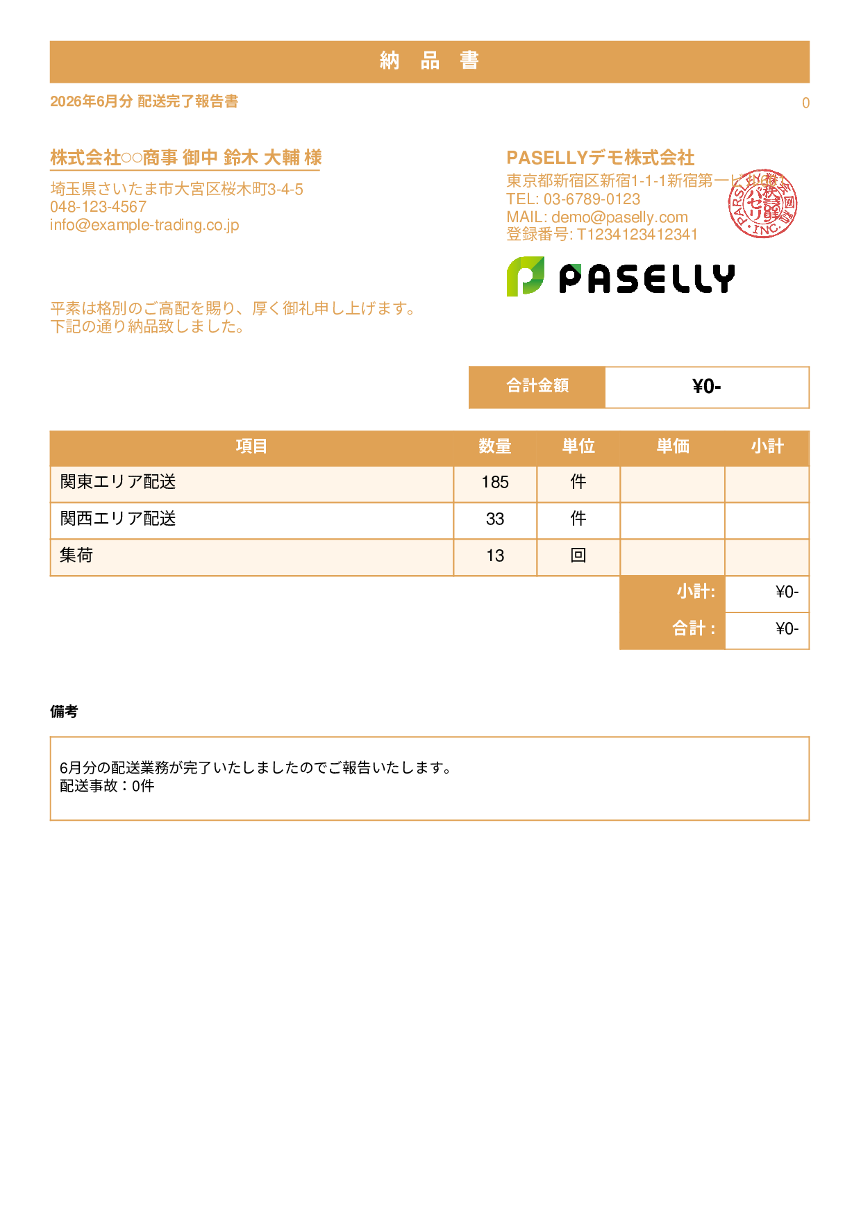 運送業 配送完了報告書（納品書） - スタンダード1