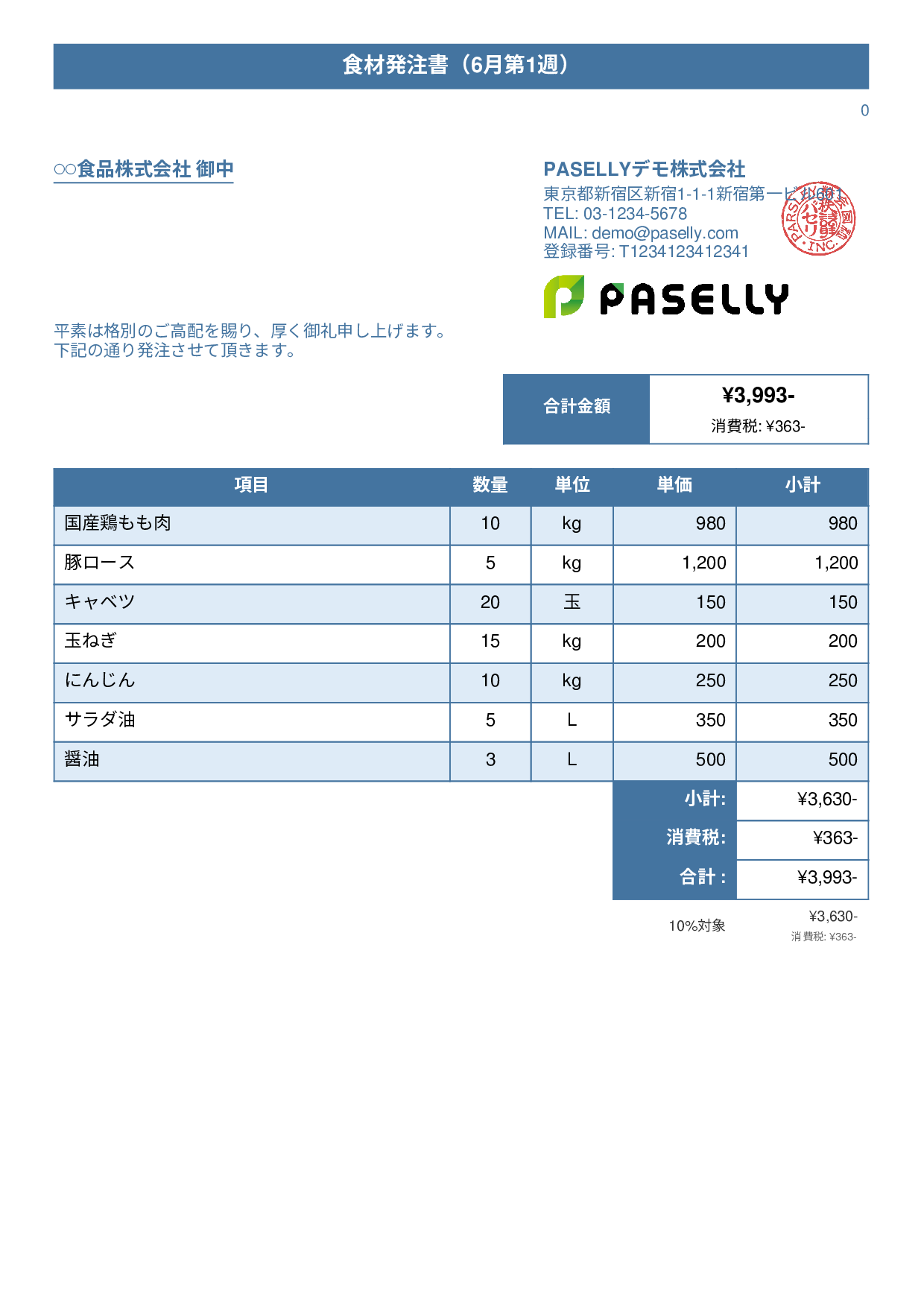 飲食業 食材仕入れ発注書 - タイトルバナー