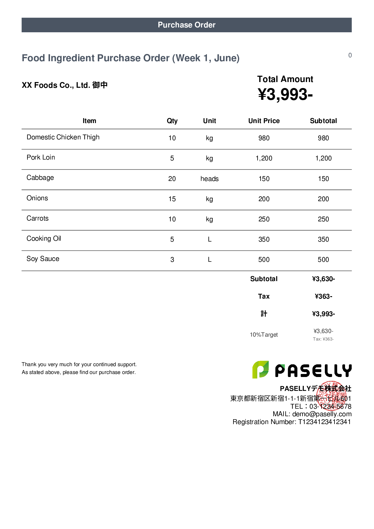 Food Ingredient Purchase Order