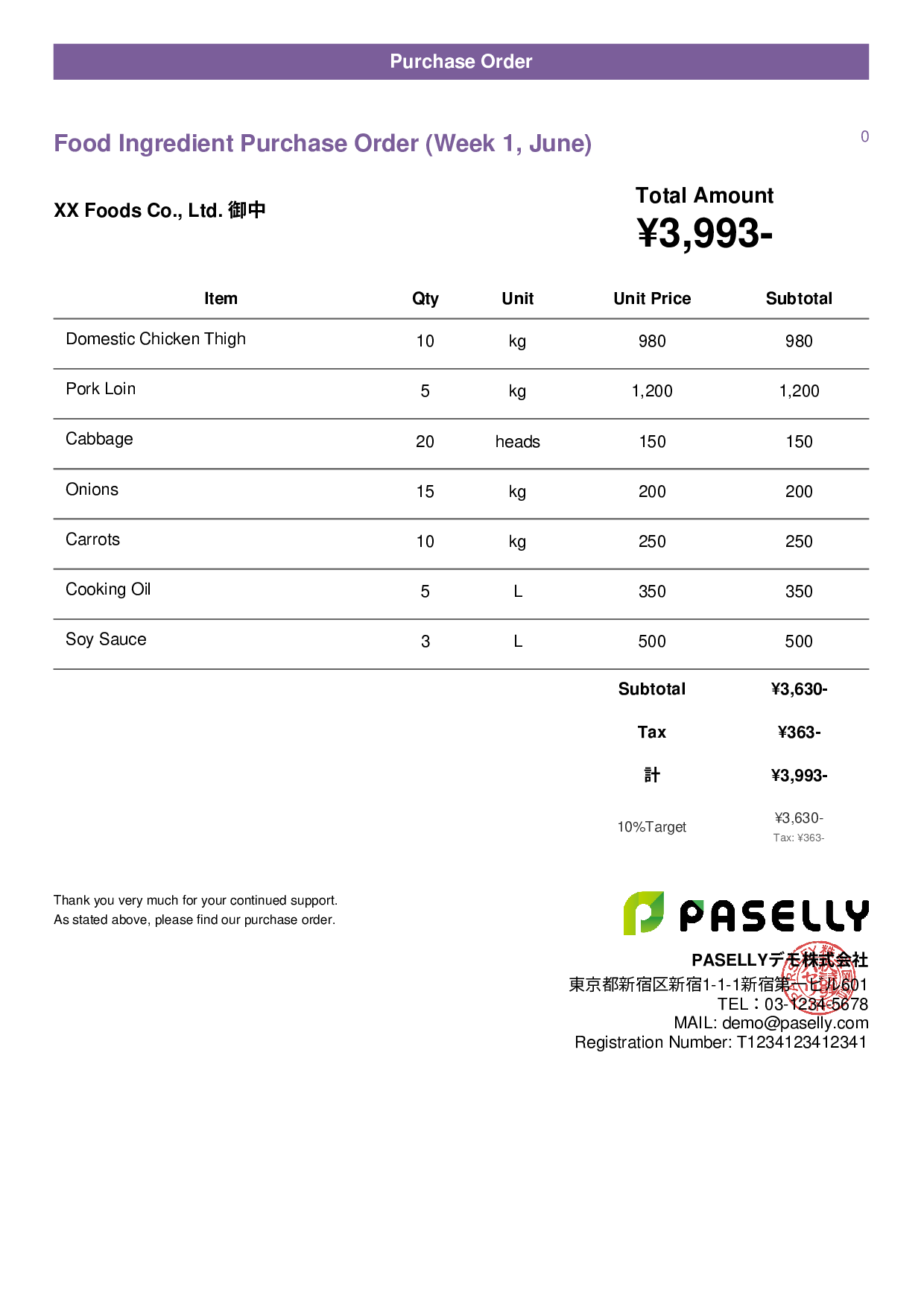 Food Ingredient Purchase Order - Casual