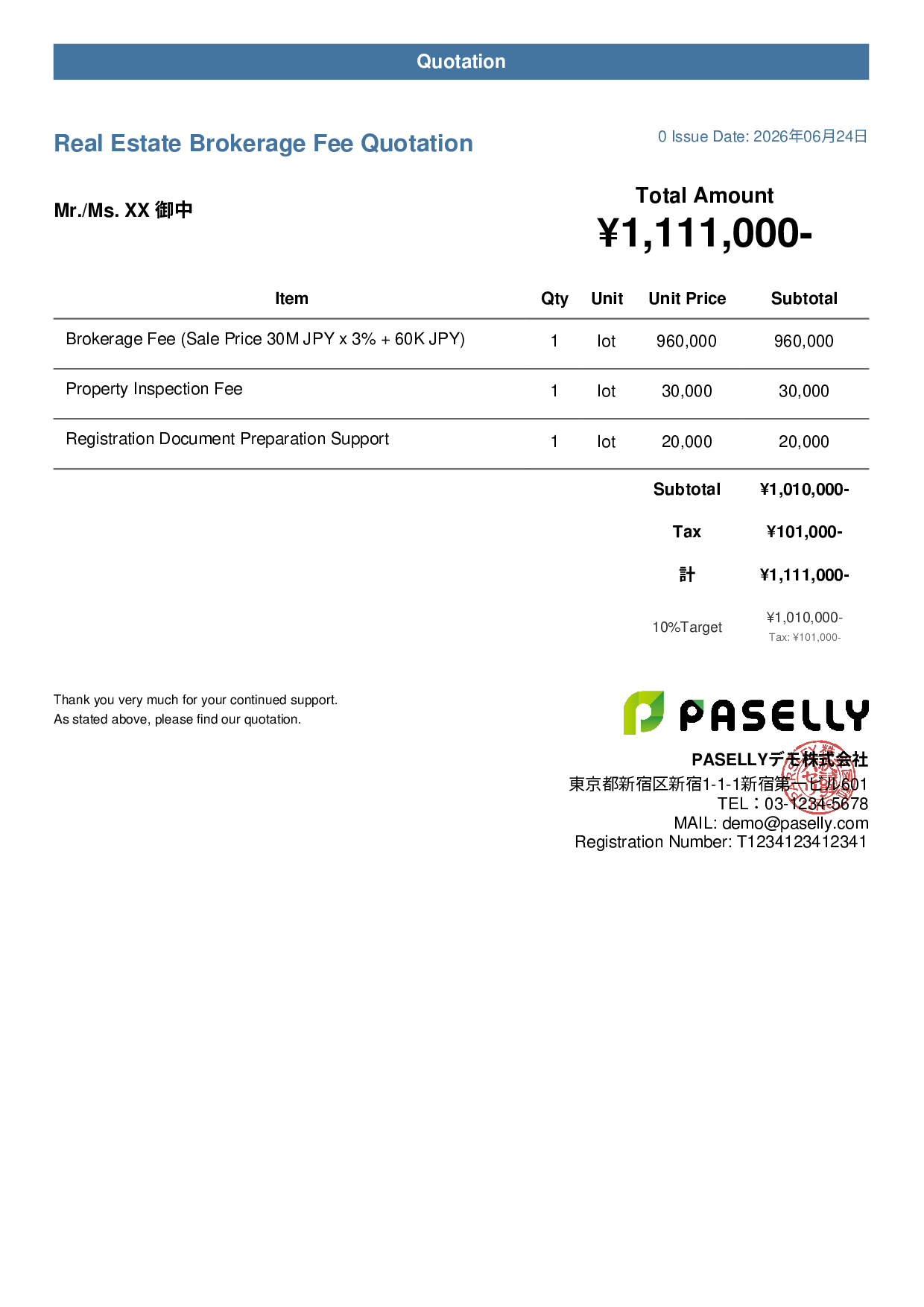 Real Estate Brokerage Fee Quotation - Casual