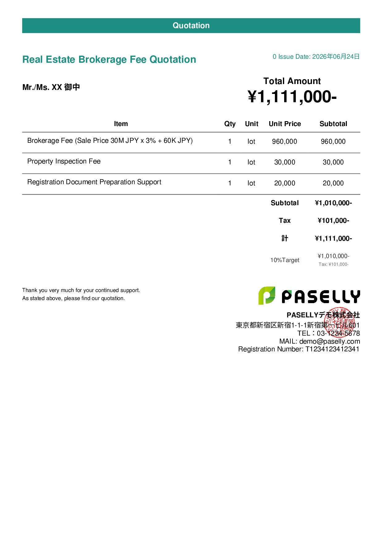 Real Estate Brokerage Fee Quotation - Casual