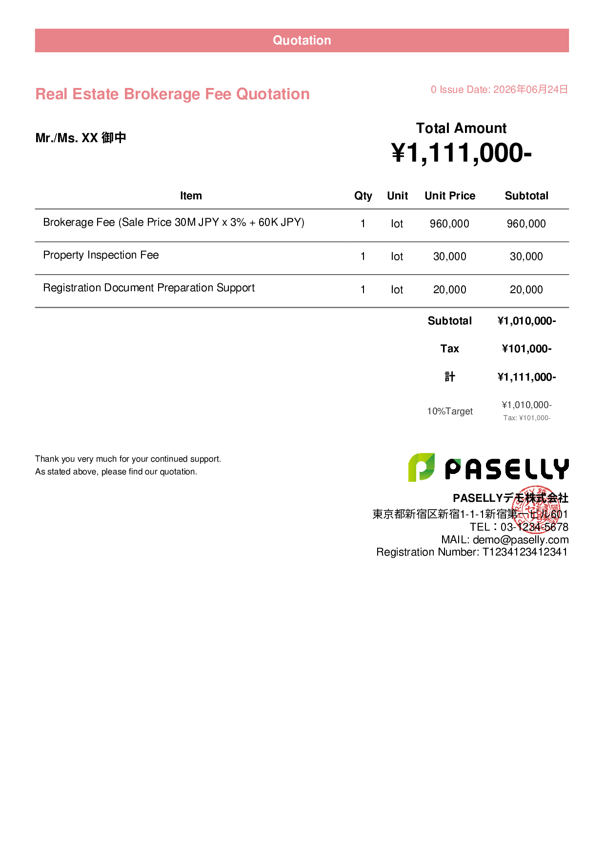 Real Estate Brokerage Fee Quotation - Casual