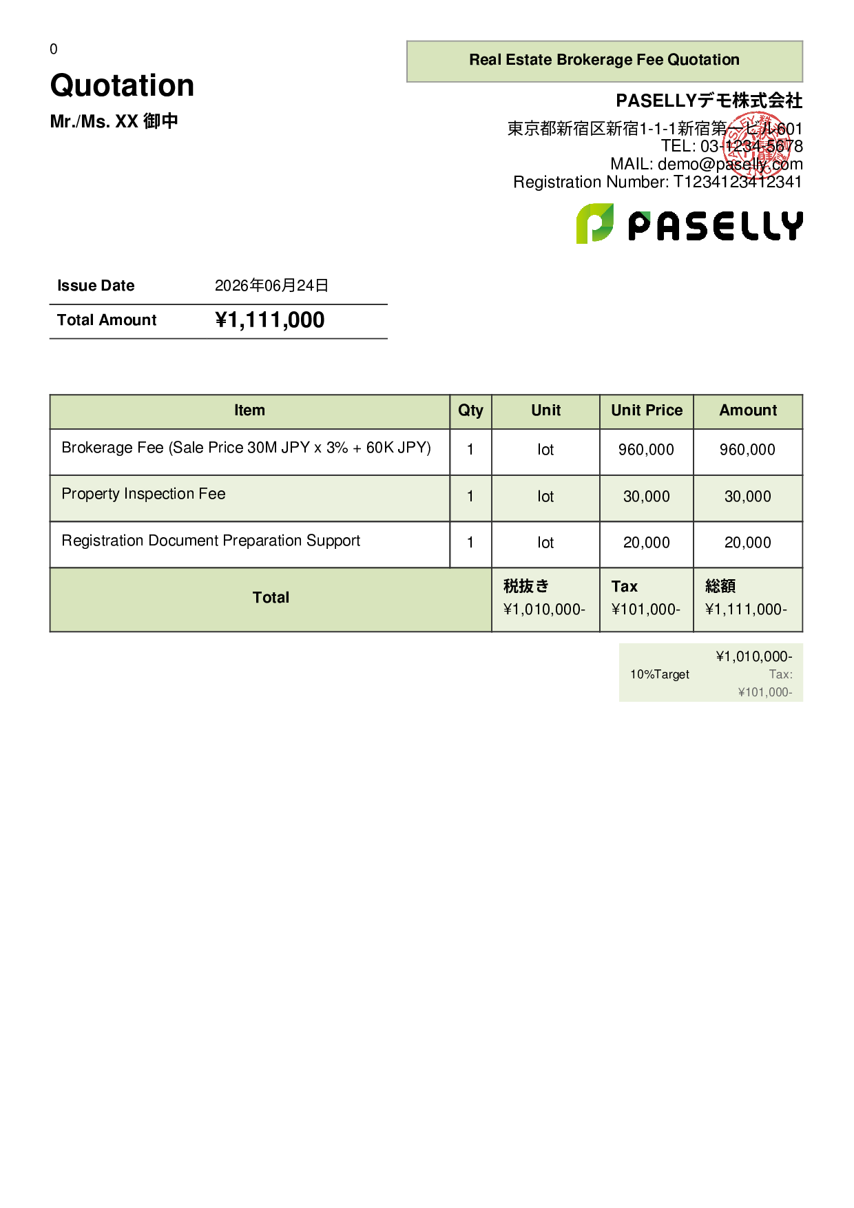Real Estate Brokerage Fee Quotation - Panel