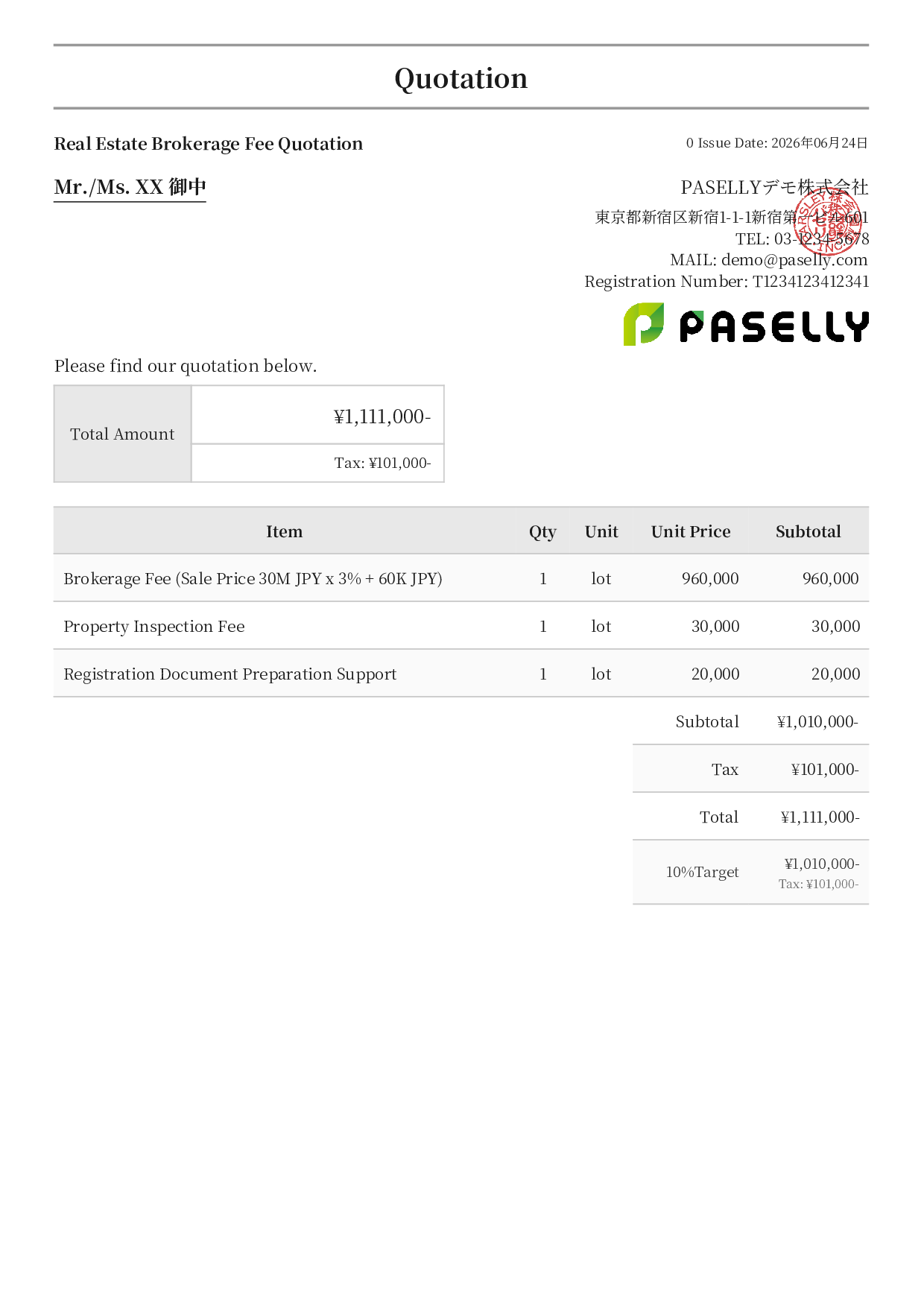 Real Estate Brokerage Fee Quotation - Formal