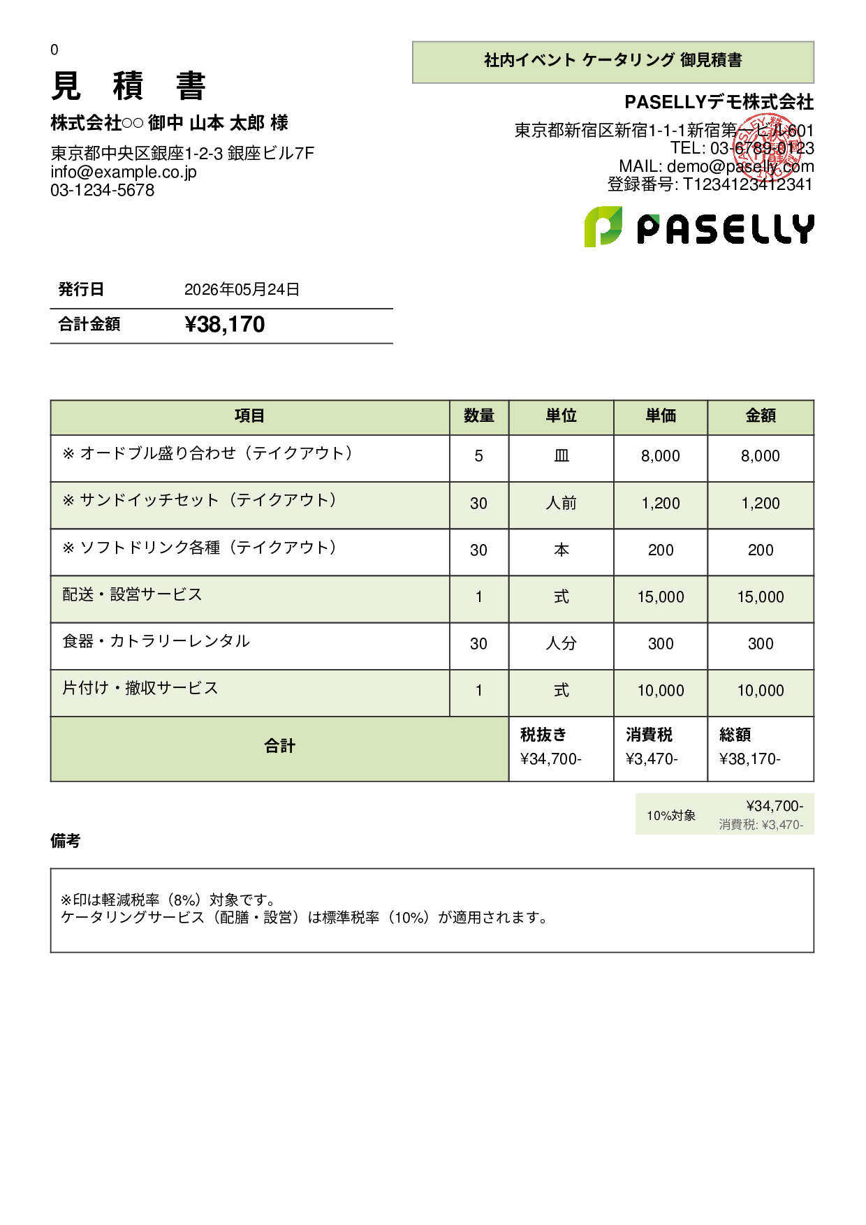 軽減税率（8%・10%混在）見積書 - パネル