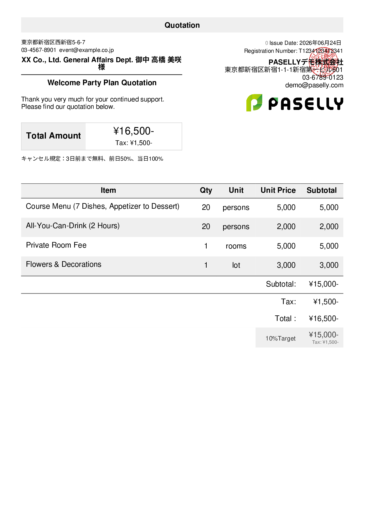 Party Plan Quotation