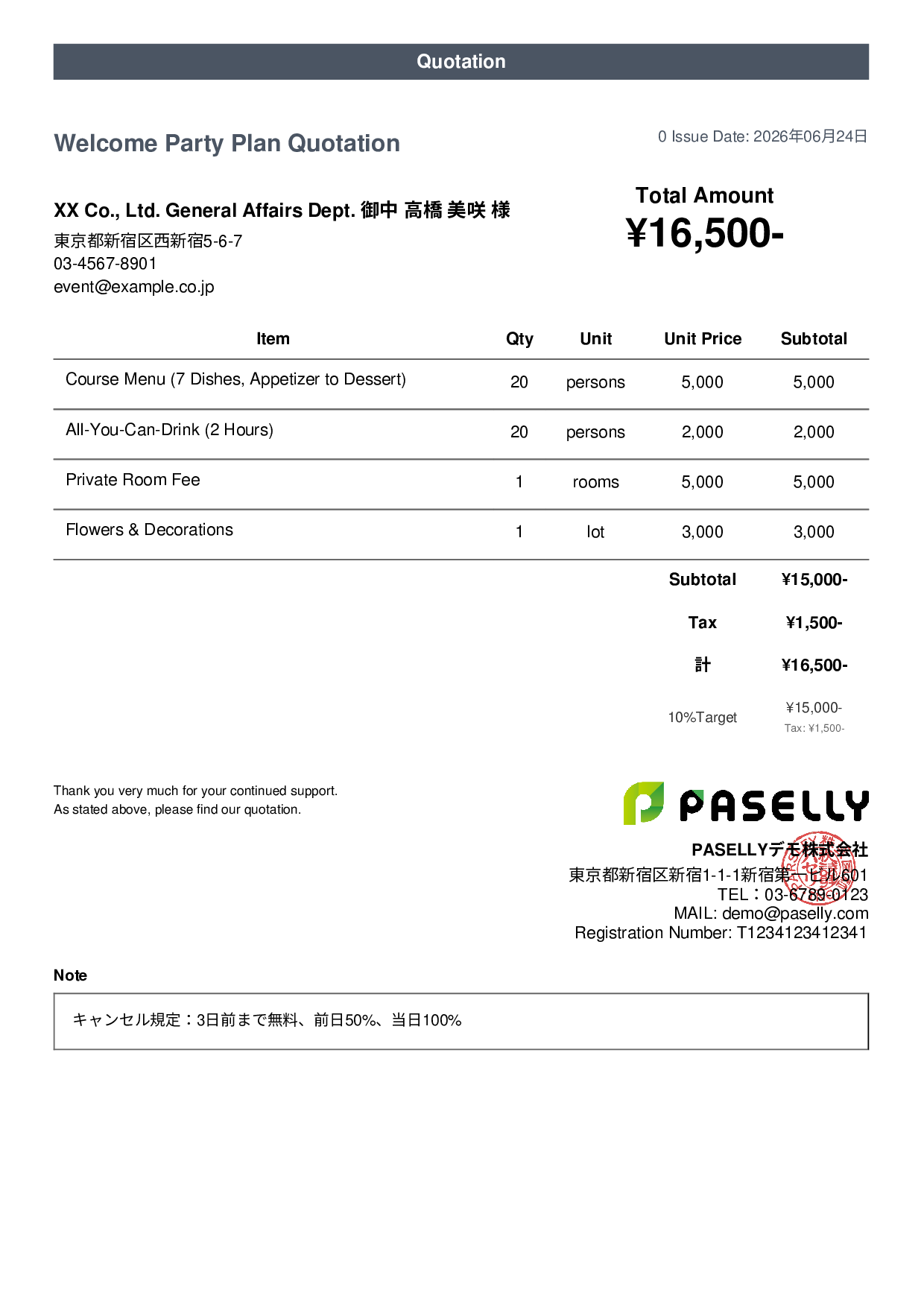 Party Plan Quotation