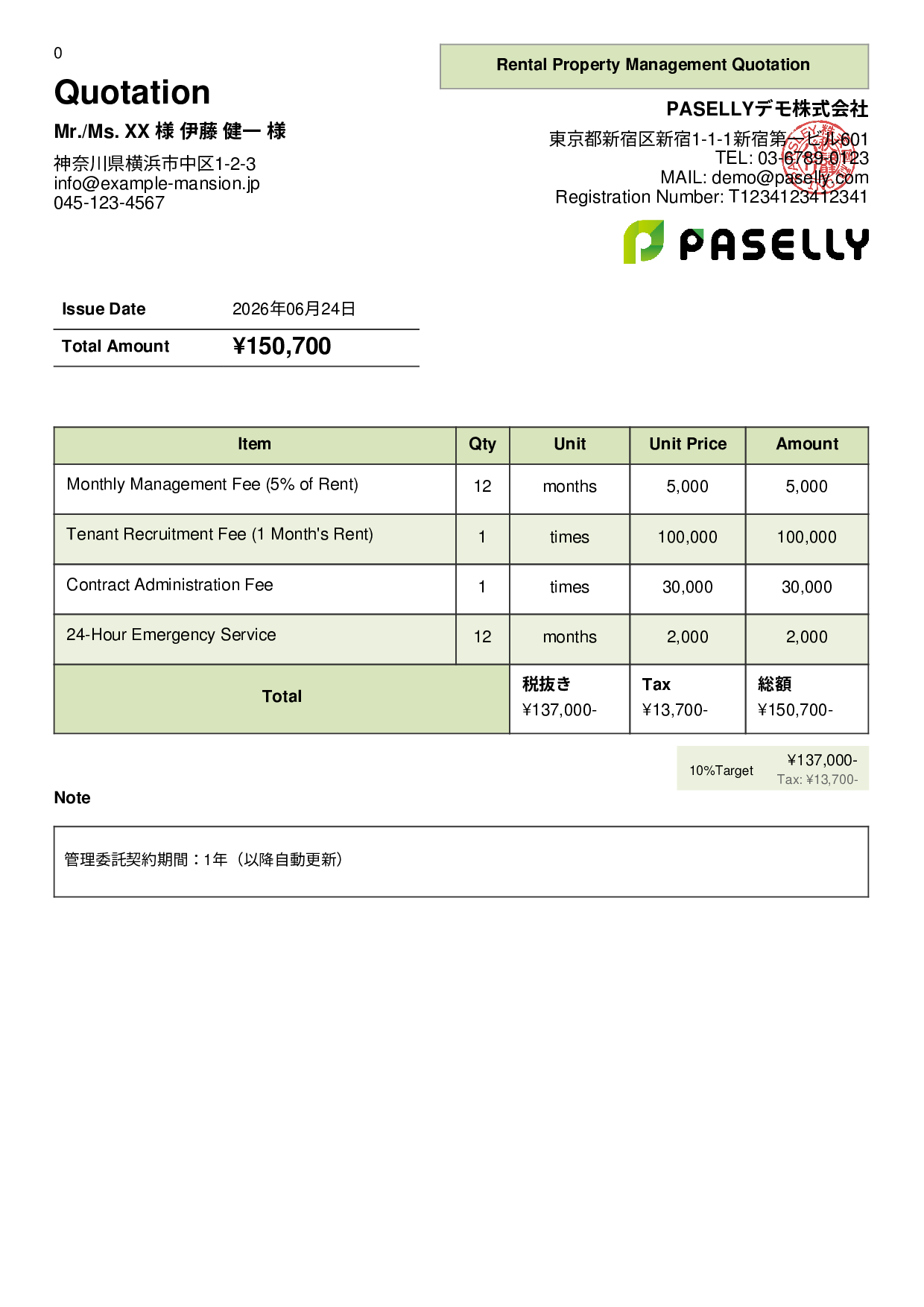Rental Property Management Quotation - Panel
