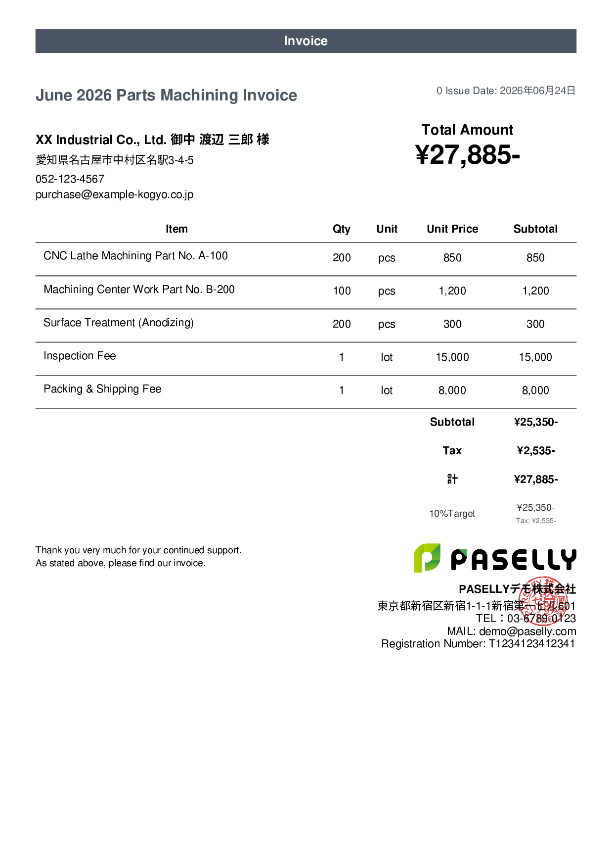 Parts Machining Invoice - Casual