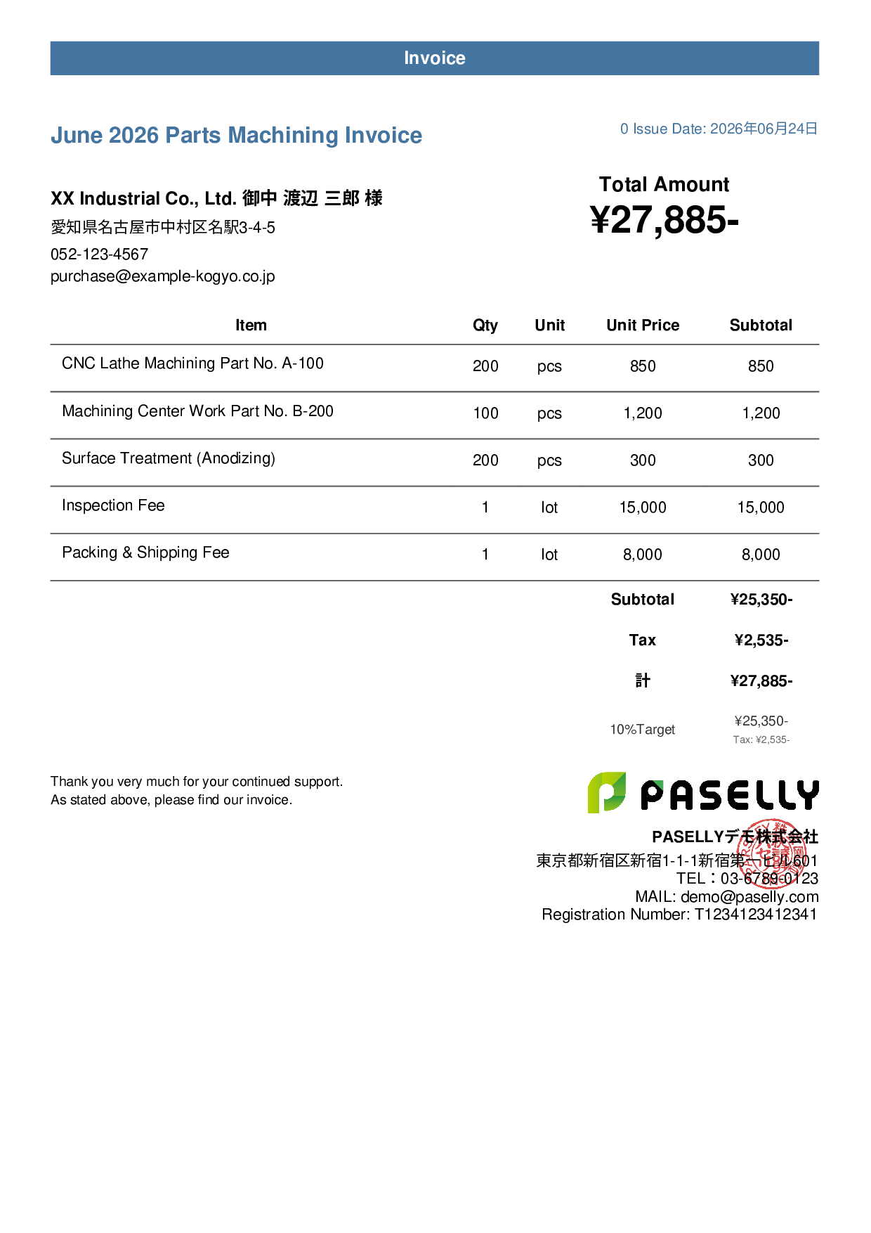 Parts Machining Invoice - Casual