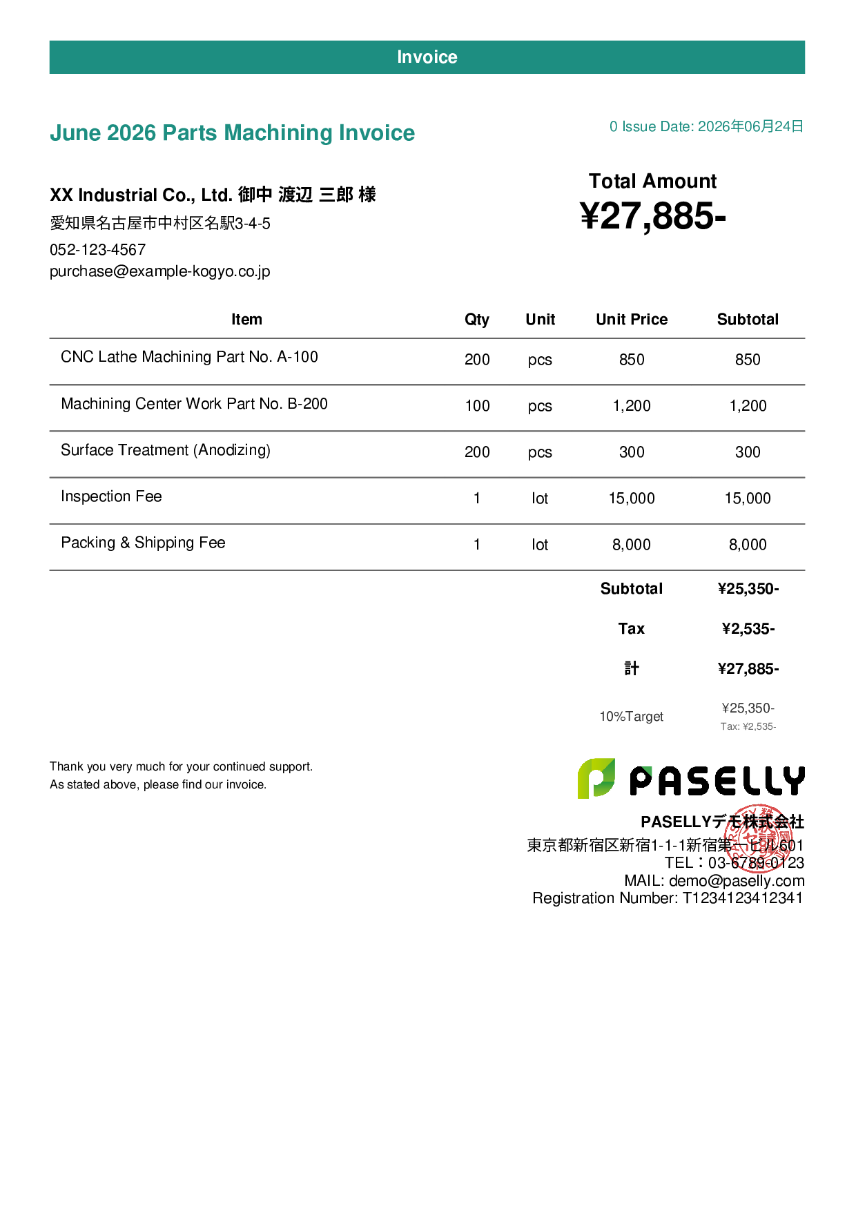 Parts Machining Invoice - Casual