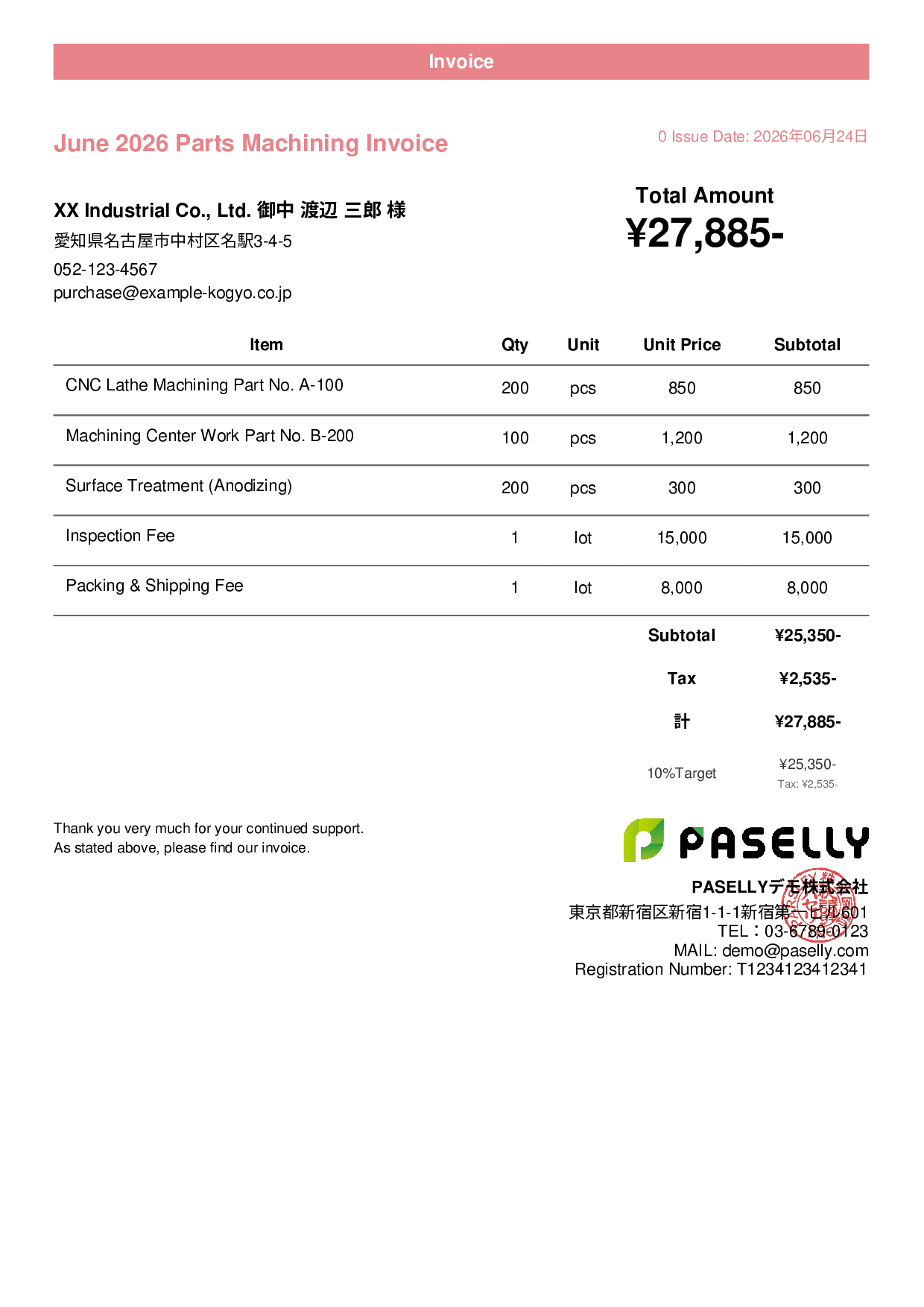 Parts Machining Invoice - Casual