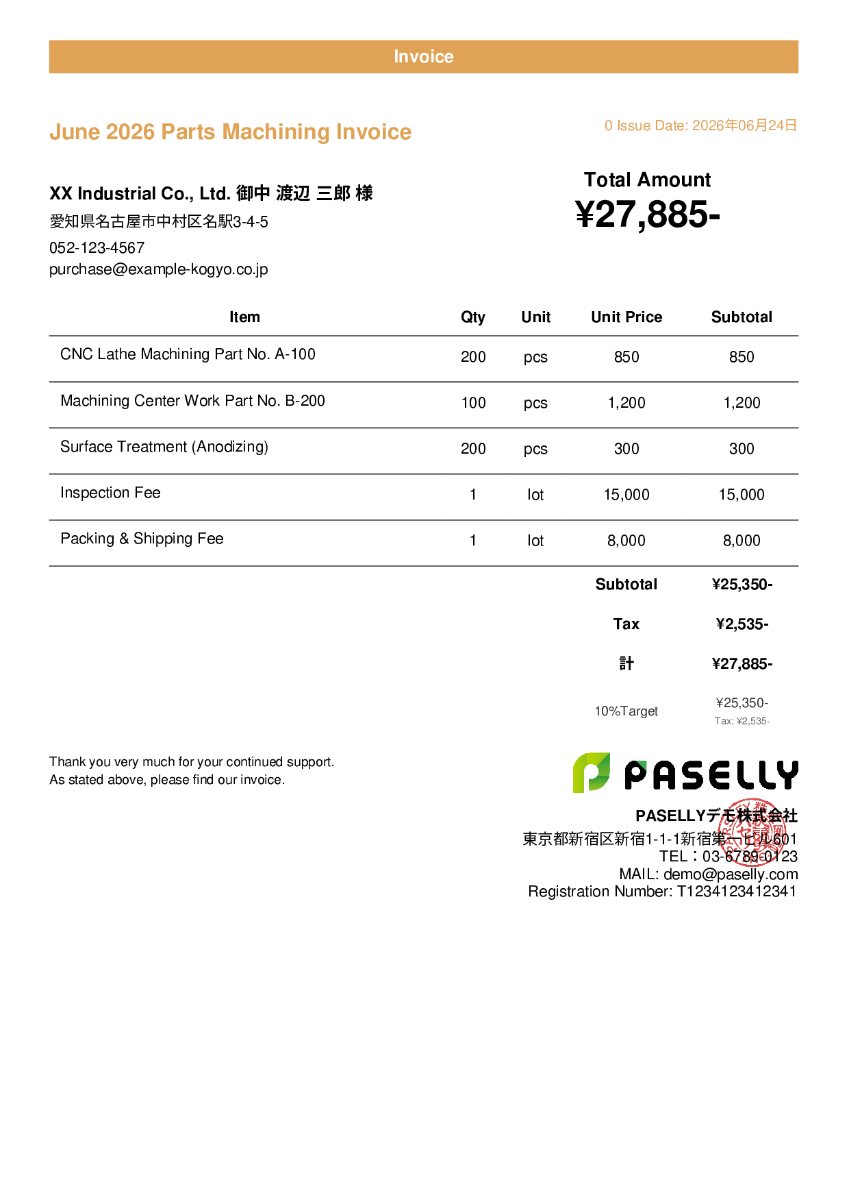 Parts Machining Invoice - Casual