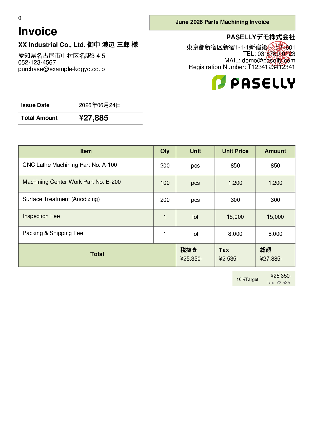 Parts Machining Invoice - Panel