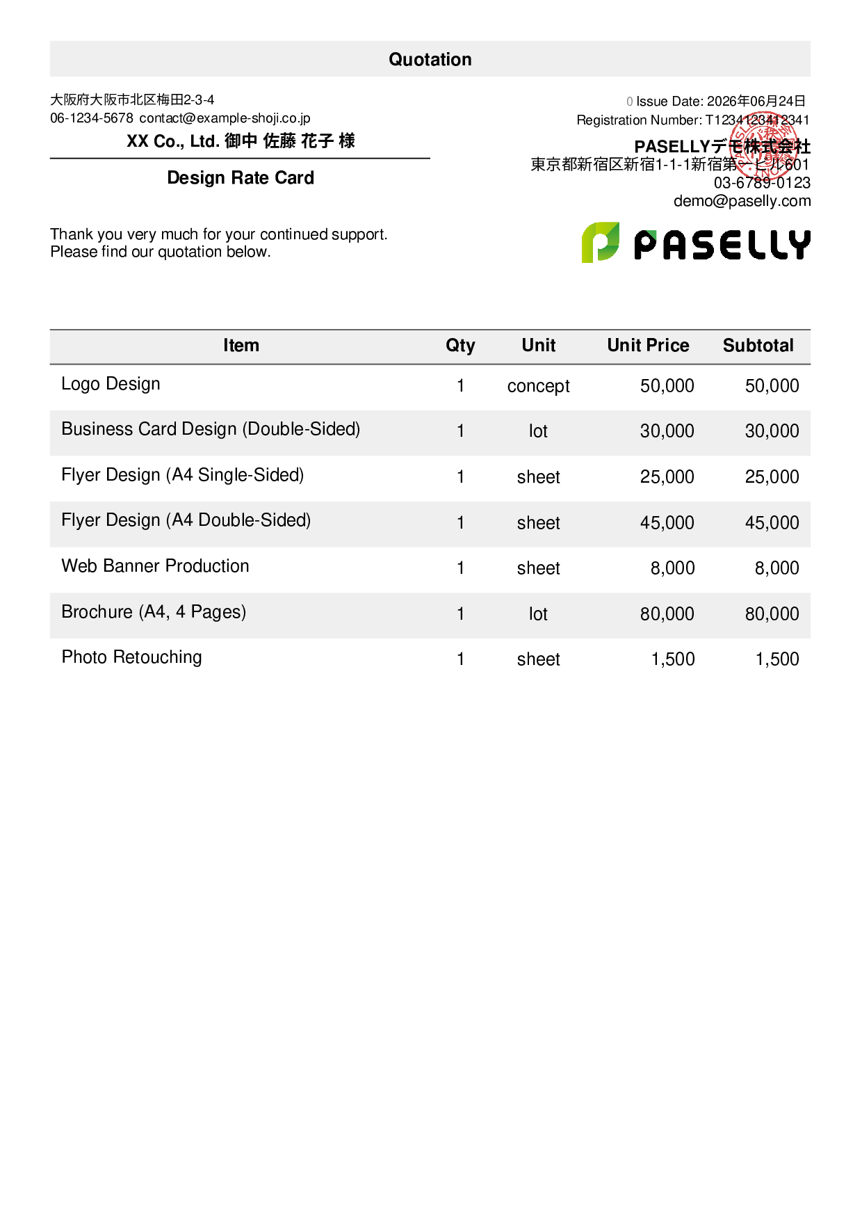 Designer Unit Price List (Total Hidden)