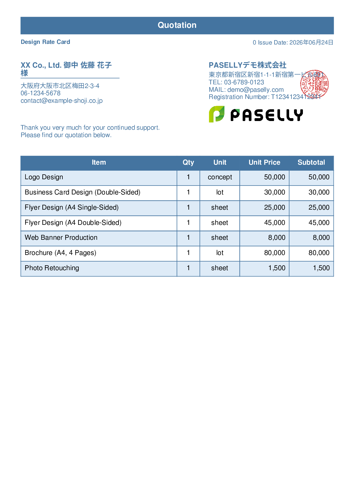 Designer Unit Price List (Total Hidden) - Standard 1