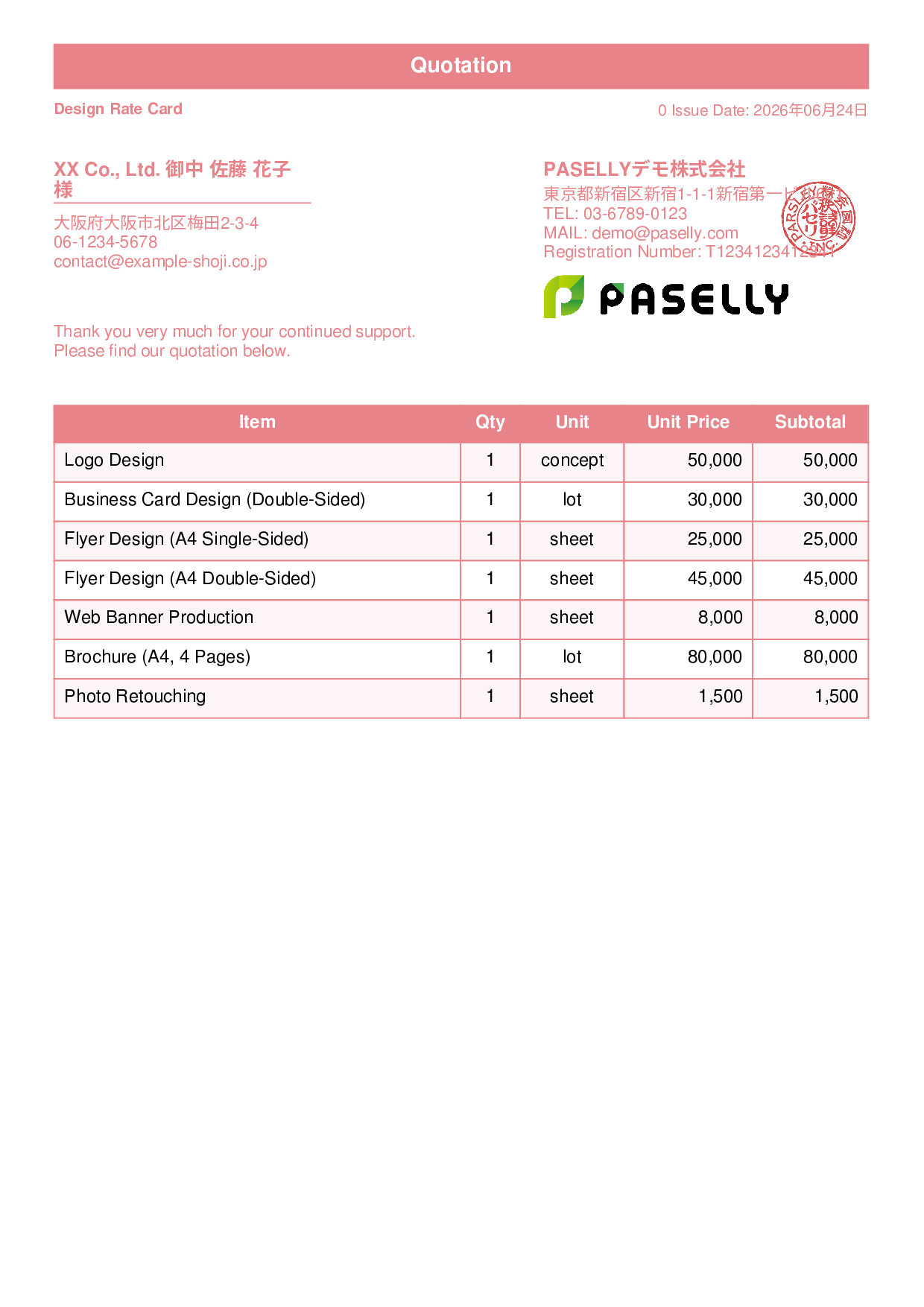 Designer Unit Price List (Total Hidden) - Standard 1