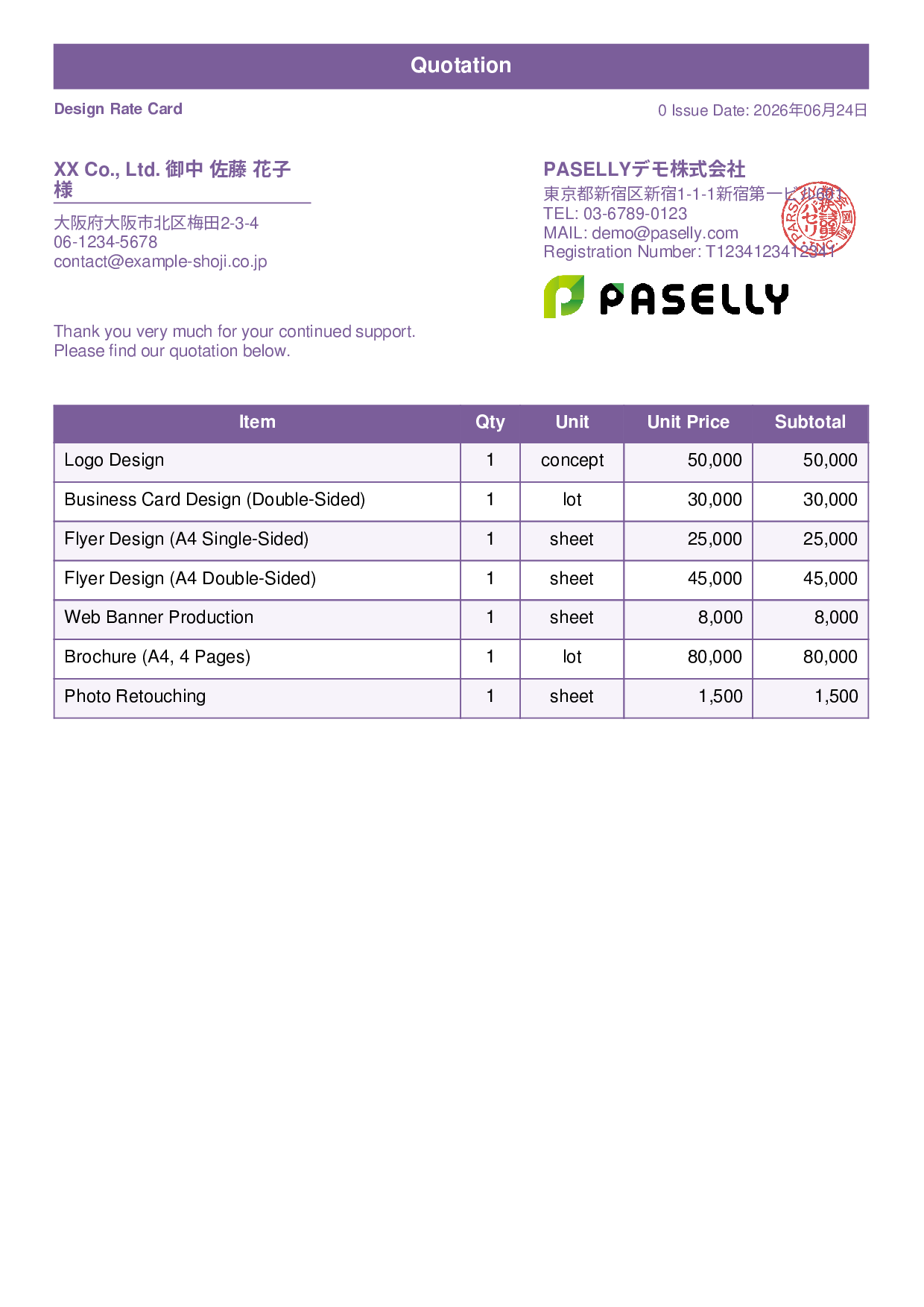 Designer Unit Price List (Total Hidden) - Standard 1