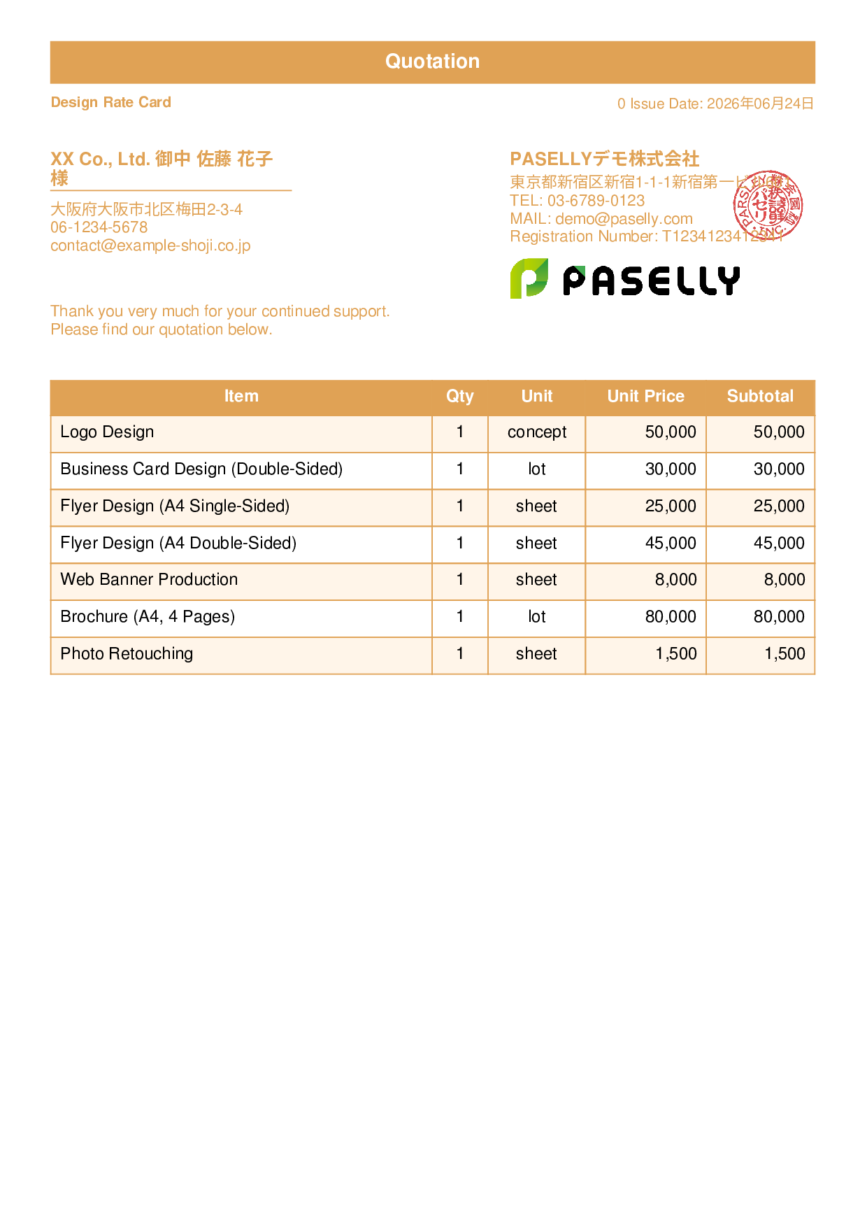 Designer Unit Price List (Total Hidden) - Standard 1