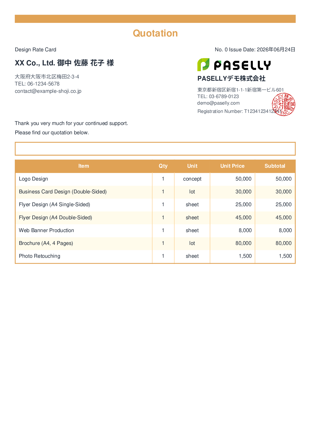 Designer Unit Price List (Total Hidden) - Standard 2