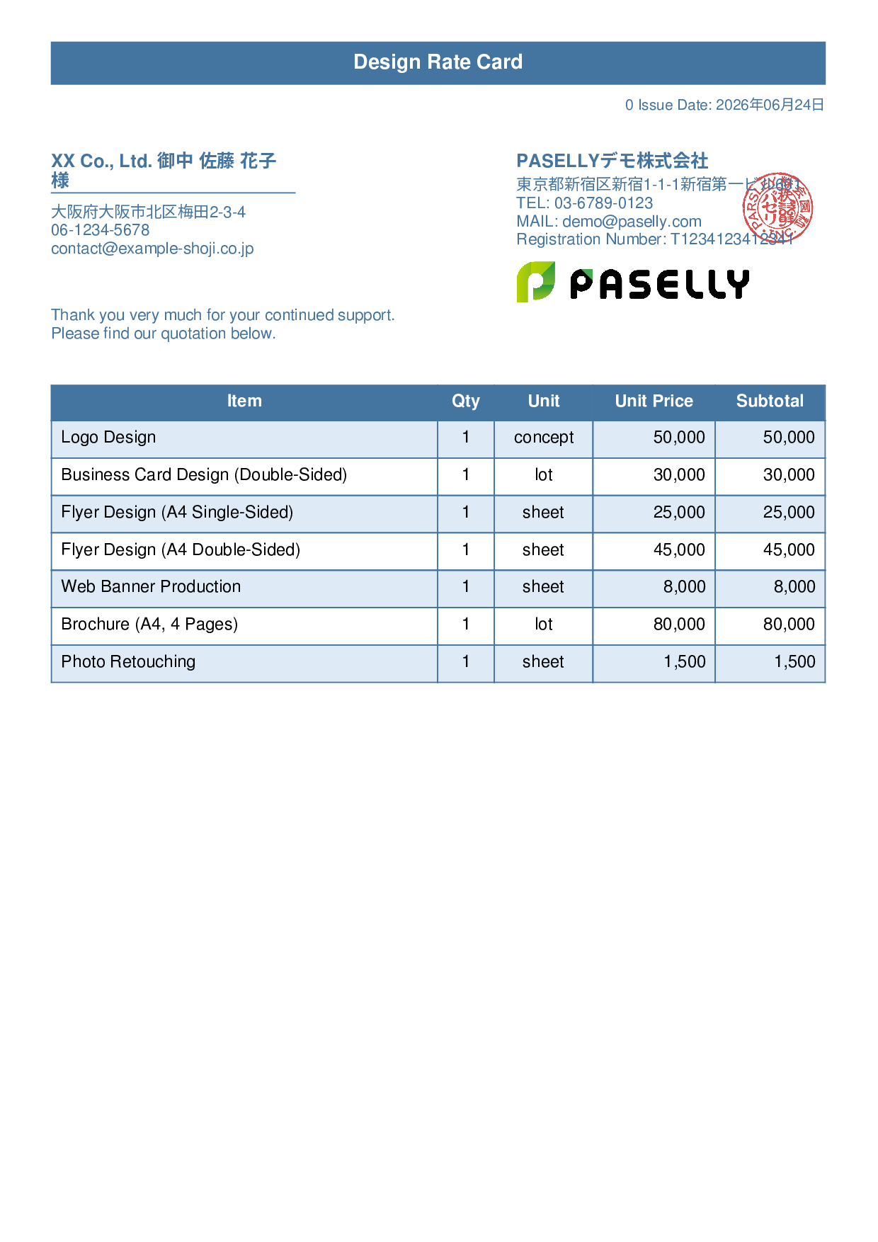 Designer Unit Price List (Total Hidden) - Title Banner
